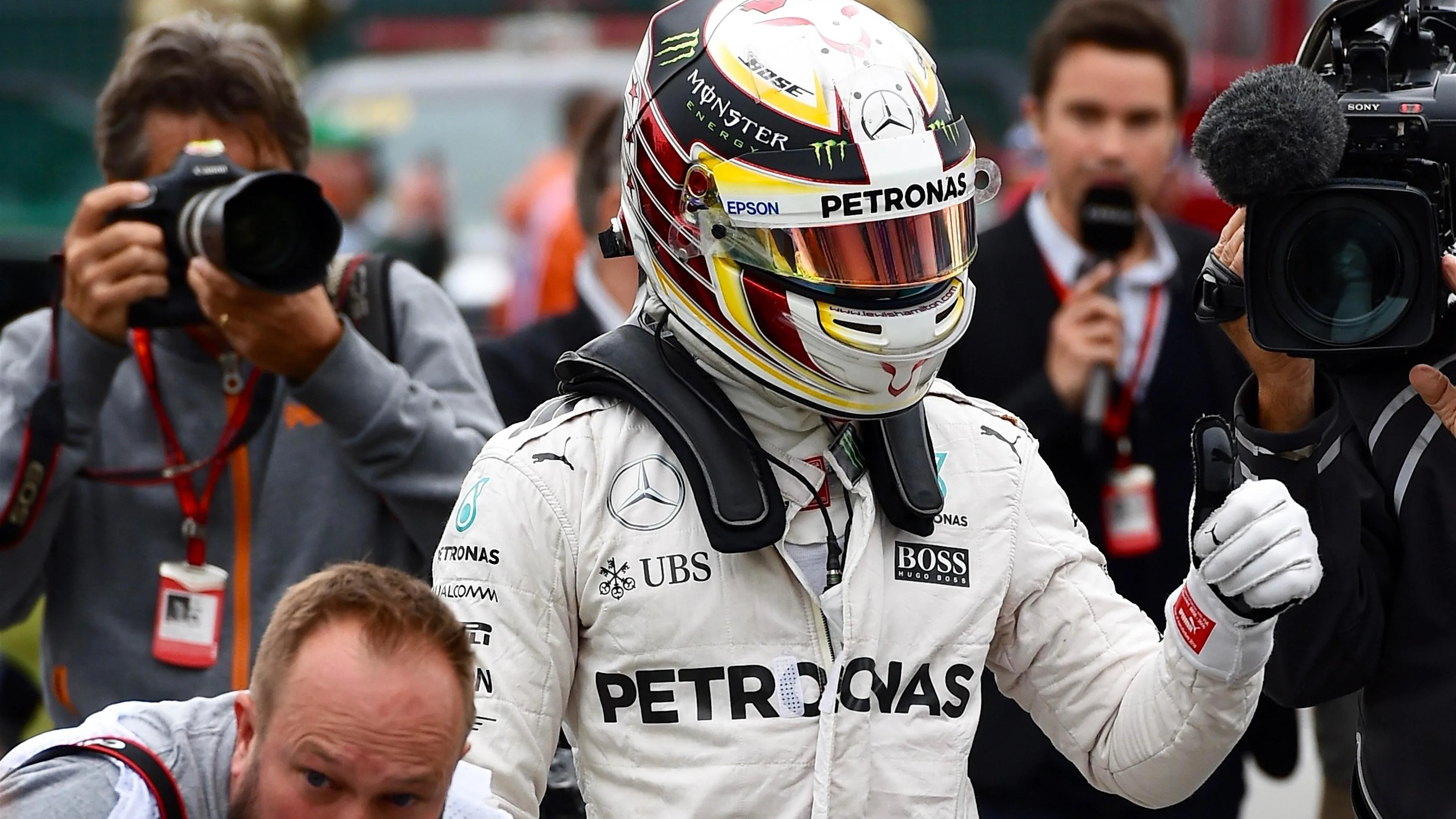 Pole sitter Lewis Hamilton (GBR) Mercedes AMG F1 celebrates in parc ferme at Formula One World