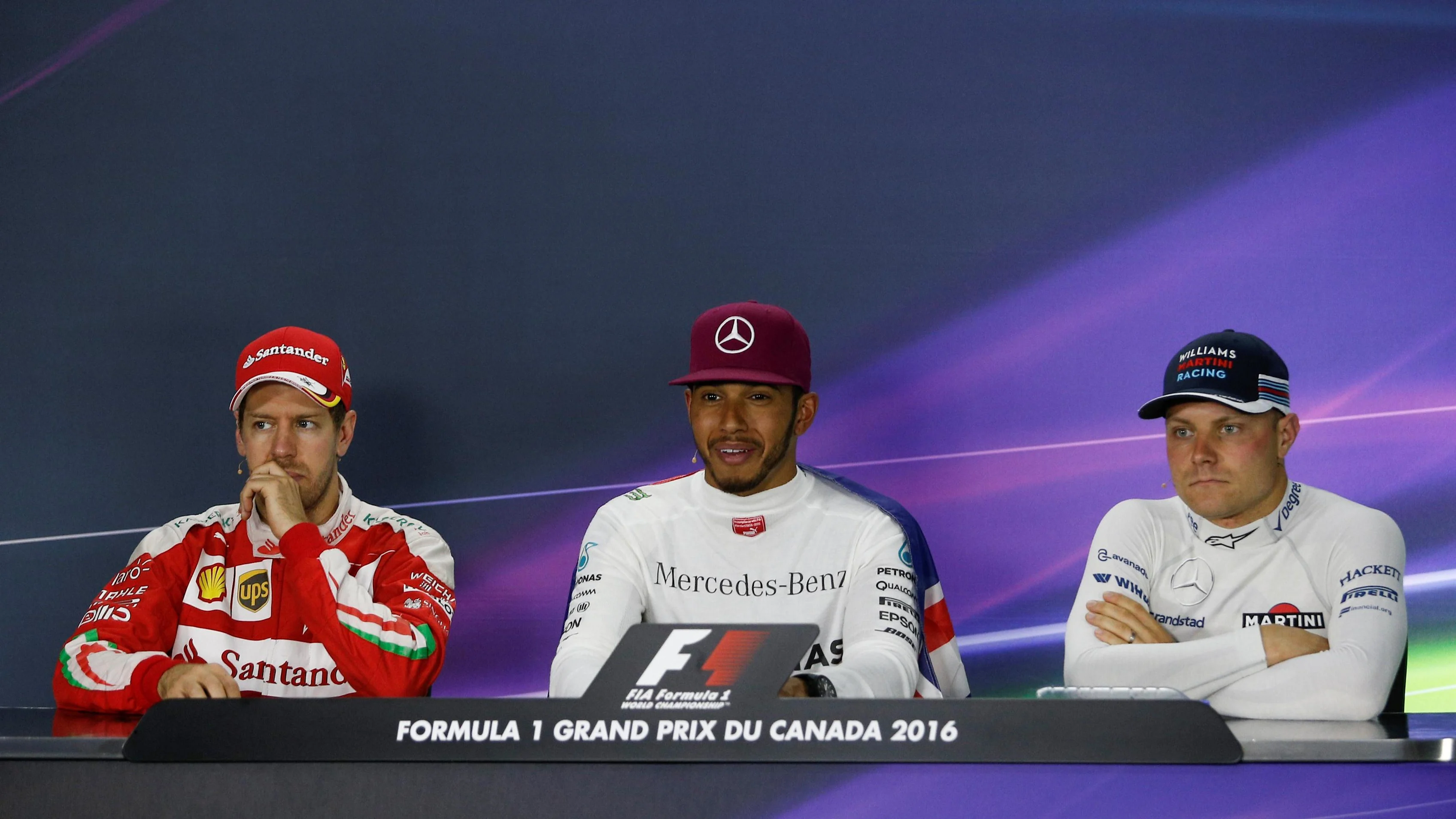 (L to R): Sebastian Vettel (GER) Ferrari, race winner Lewis Hamilton (GBR) Mercedes AMG F1 and Valtteri Bottas (FIN) Williams in the Press Conference at Formula One World Championship, Rd7, Canadian Grand Prix, Race, Montreal, Canada, Sunday 12 June 2016. © Sutton Images