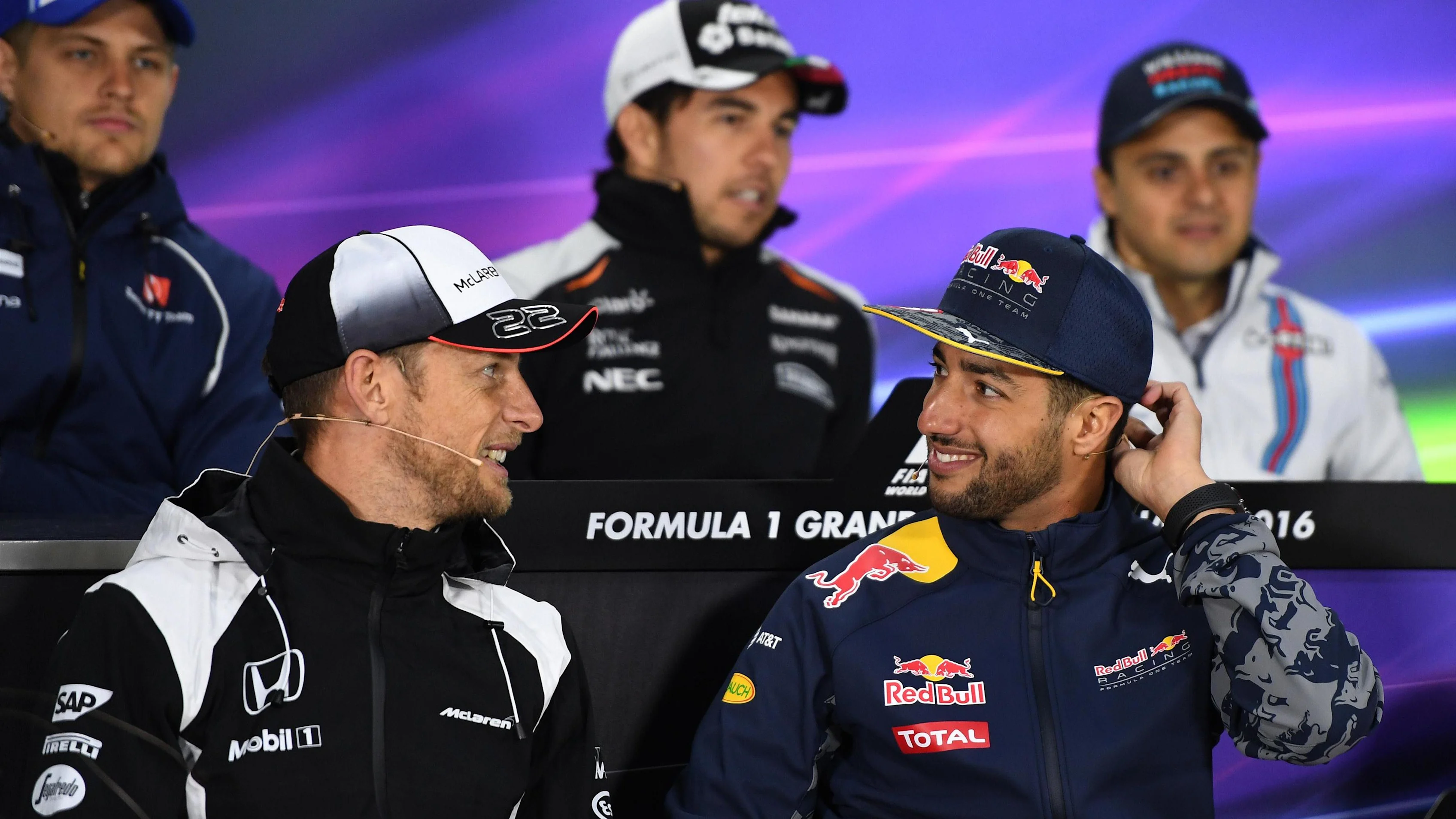 Jenson Button (GBR) McLaren and Daniel Ricciardo (AUS) Red Bull Racing in the Press Conference at Formula One World Championship, Rd7, Canadian Grand Prix, Preparations, Montreal, Canada, Thursday 9 June 2016. © Sutton Images
