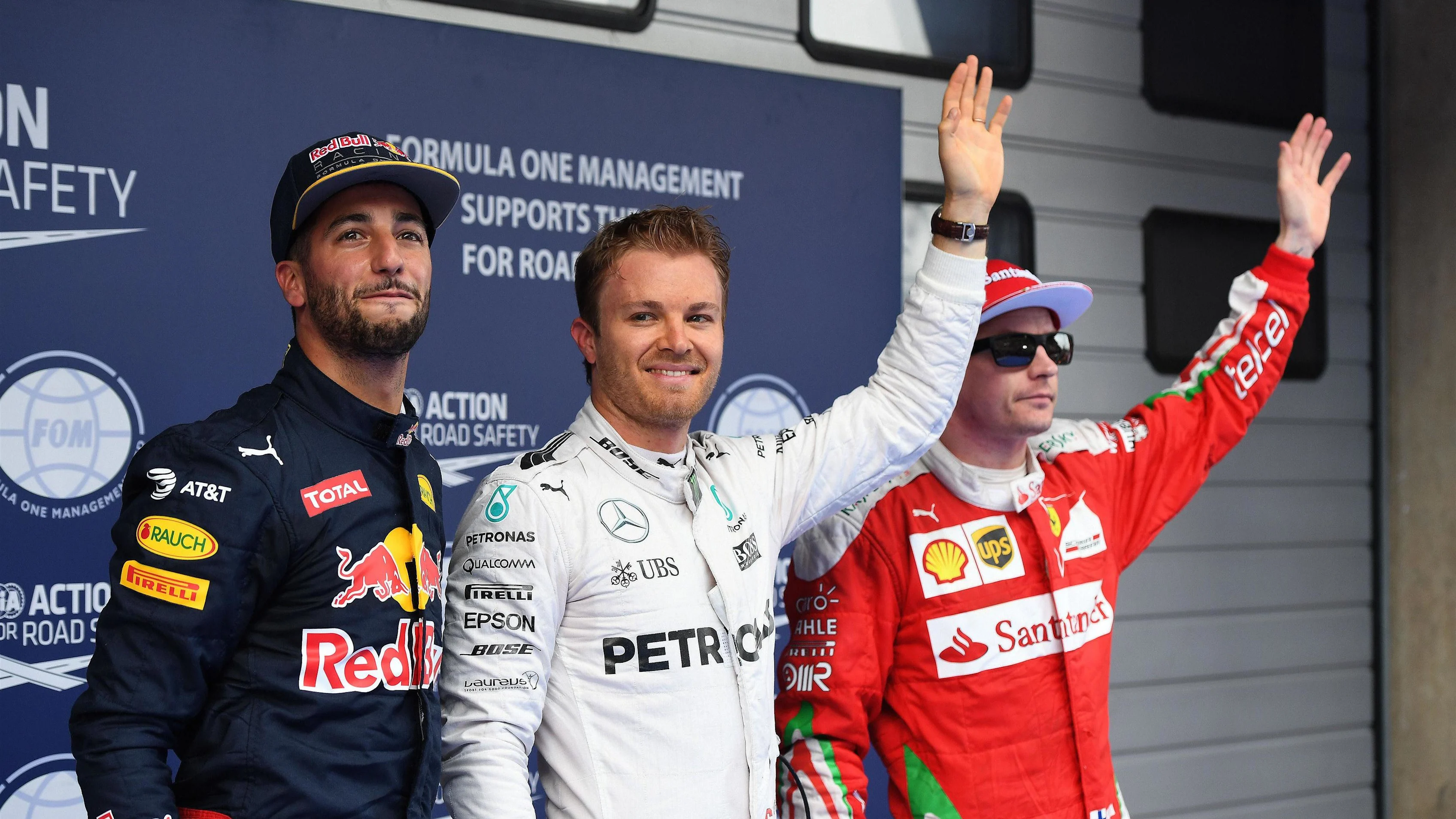 Daniel Ricciardo (AUS) Red Bull Racing, pole sitter Nico Rosberg (GER) Mercedes AMG F1 and Kimi Raikkonen (FIN) Ferrari celebrate in parc ferme at Formula One World Championship, Rd3, Chinese Grand Prix, Qualifying, Shanghai, China, Saturday 16 April 2016. © Sutton Motorsport Images