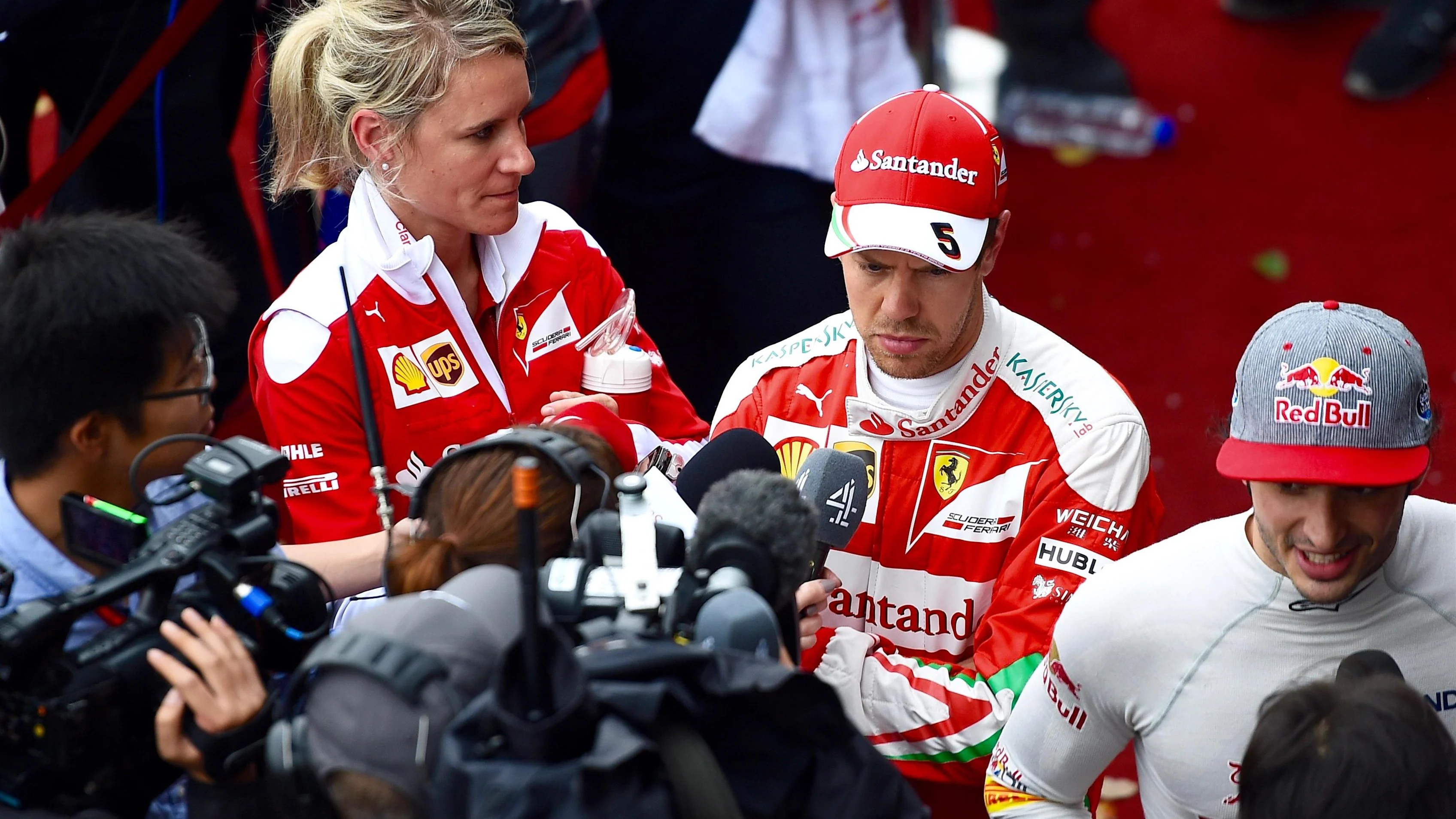 Sebastian Vettel (GER) Ferrari talks with the media at Formula One World Championship, Rd3, Chinese