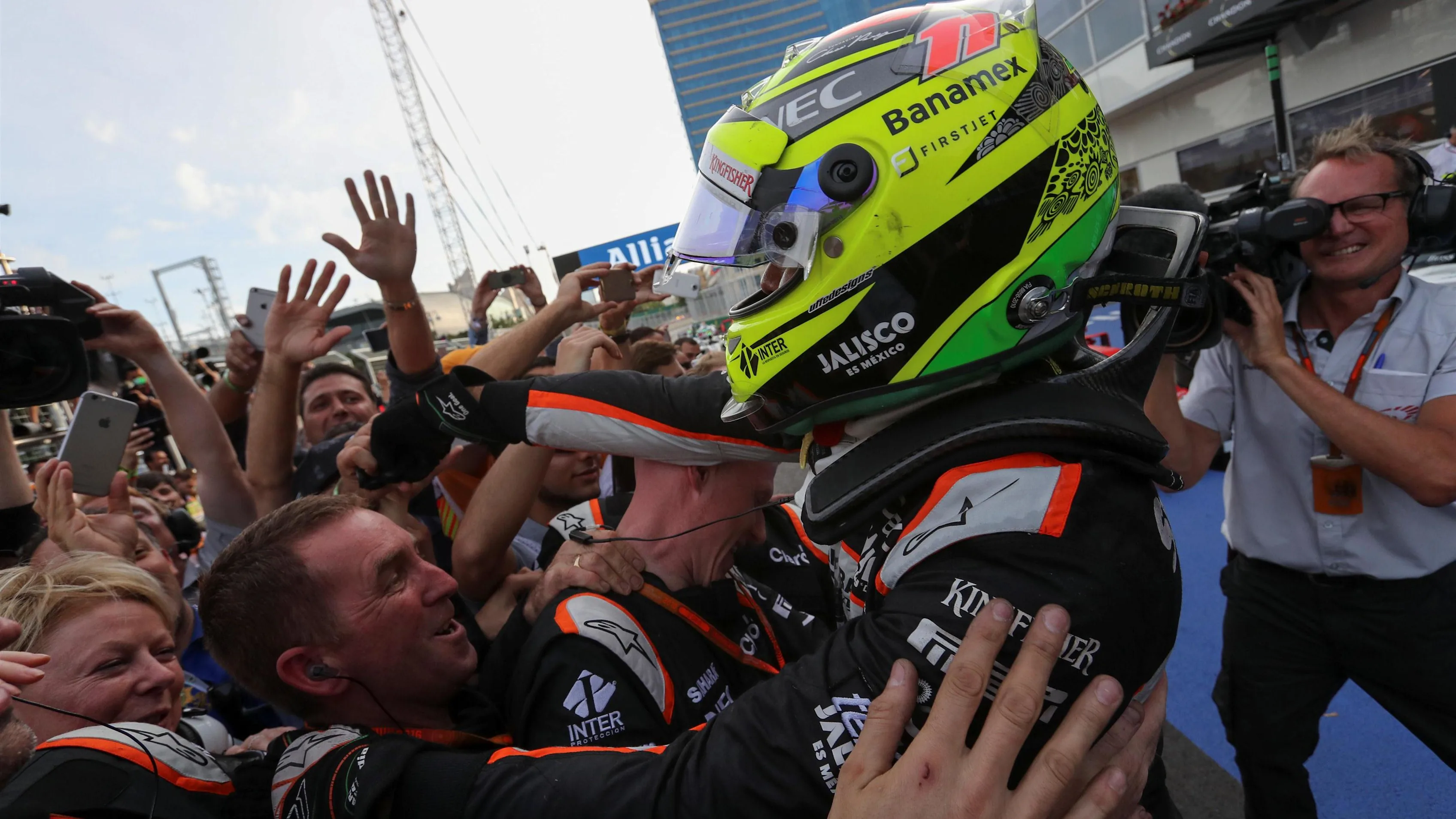Sergio Perez (MEX) Force India celebrates wit hthe team in parc ferme at Formula One World