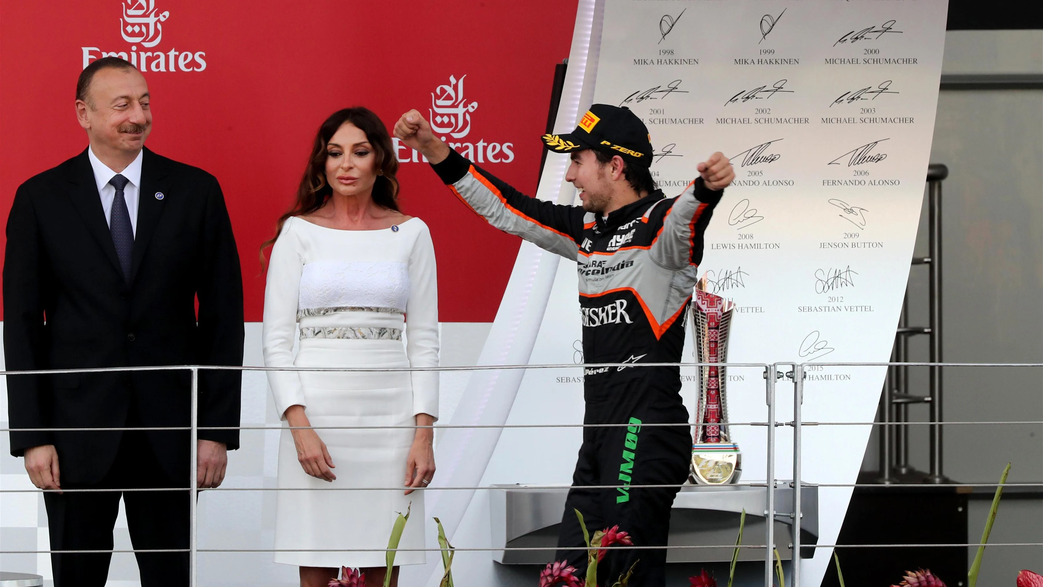 Sergio Perez (MEX) Force India VJM09 celebrates on the podium at Formula One World Championship, Rd8, European Grand Prix, Race, Baku City Circuit, Baku, Azerbaijan, Sunday 19 June 2016. © Sutton Images