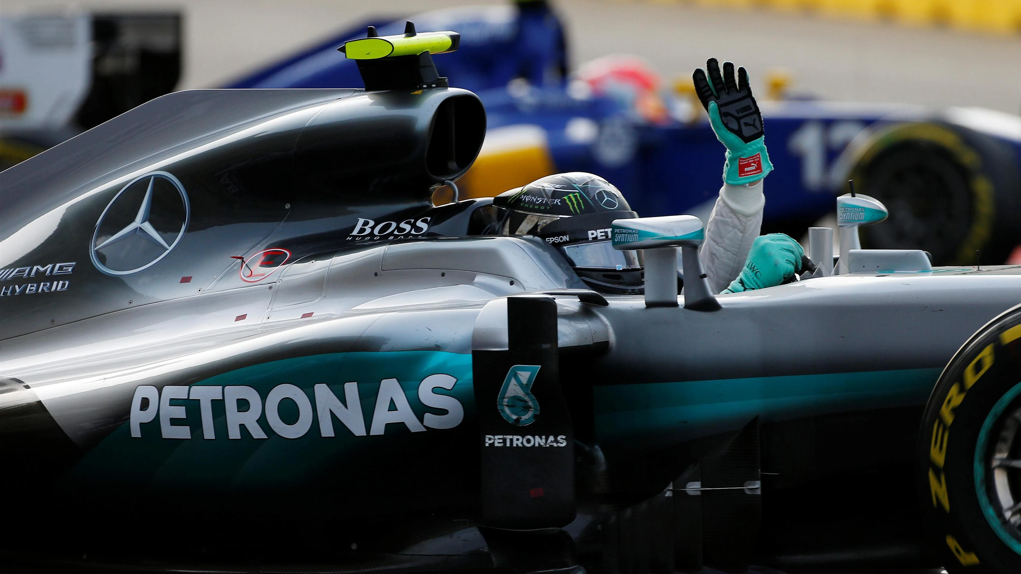 Race winner Nico Rosberg (GER) Mercedes-Benz F1 W07 Hybrid celebrates at the end of the race at
