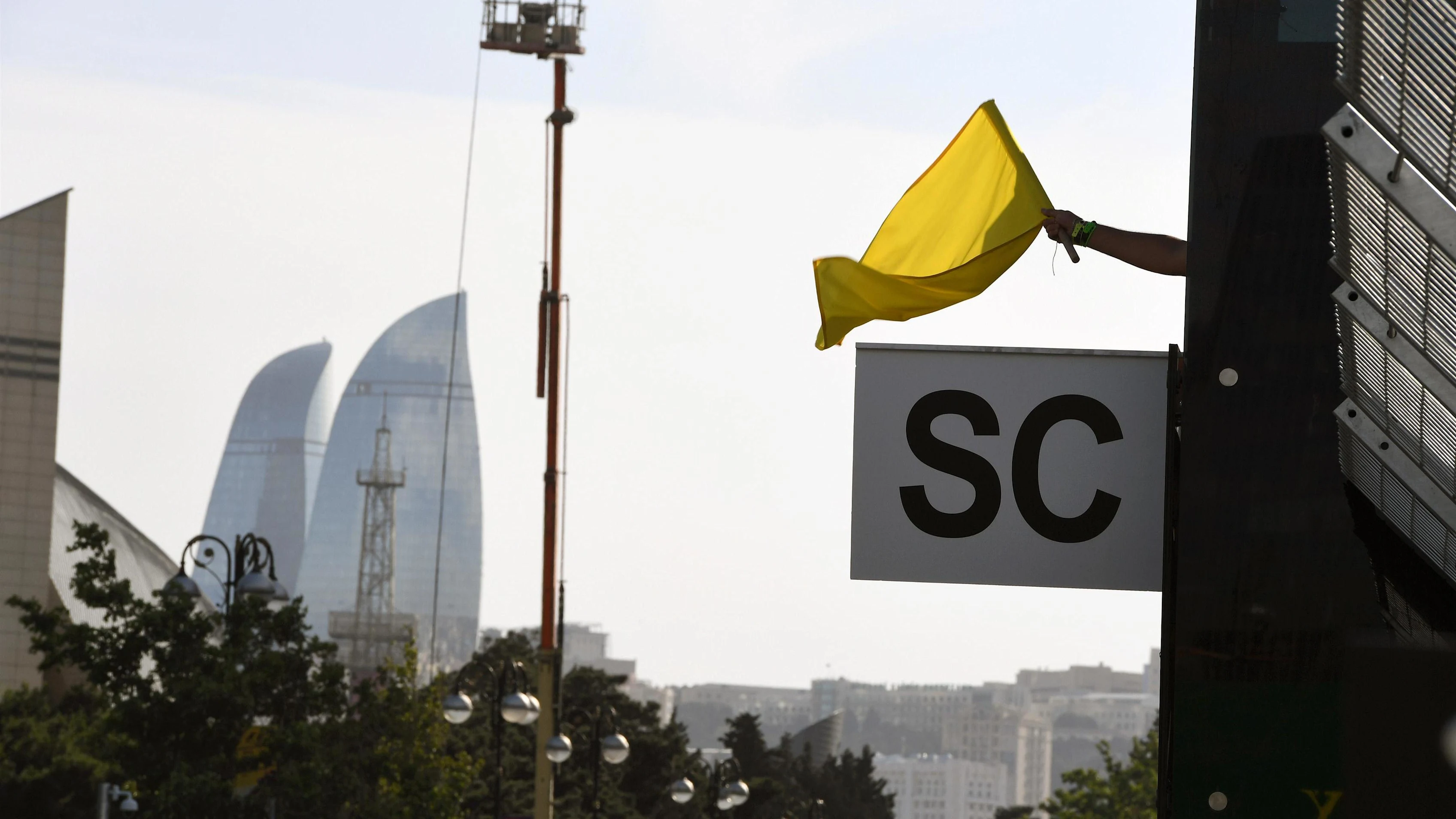 Yellow flag and safety car board at Formula One World Championship, Rd8, European Grand Prix,