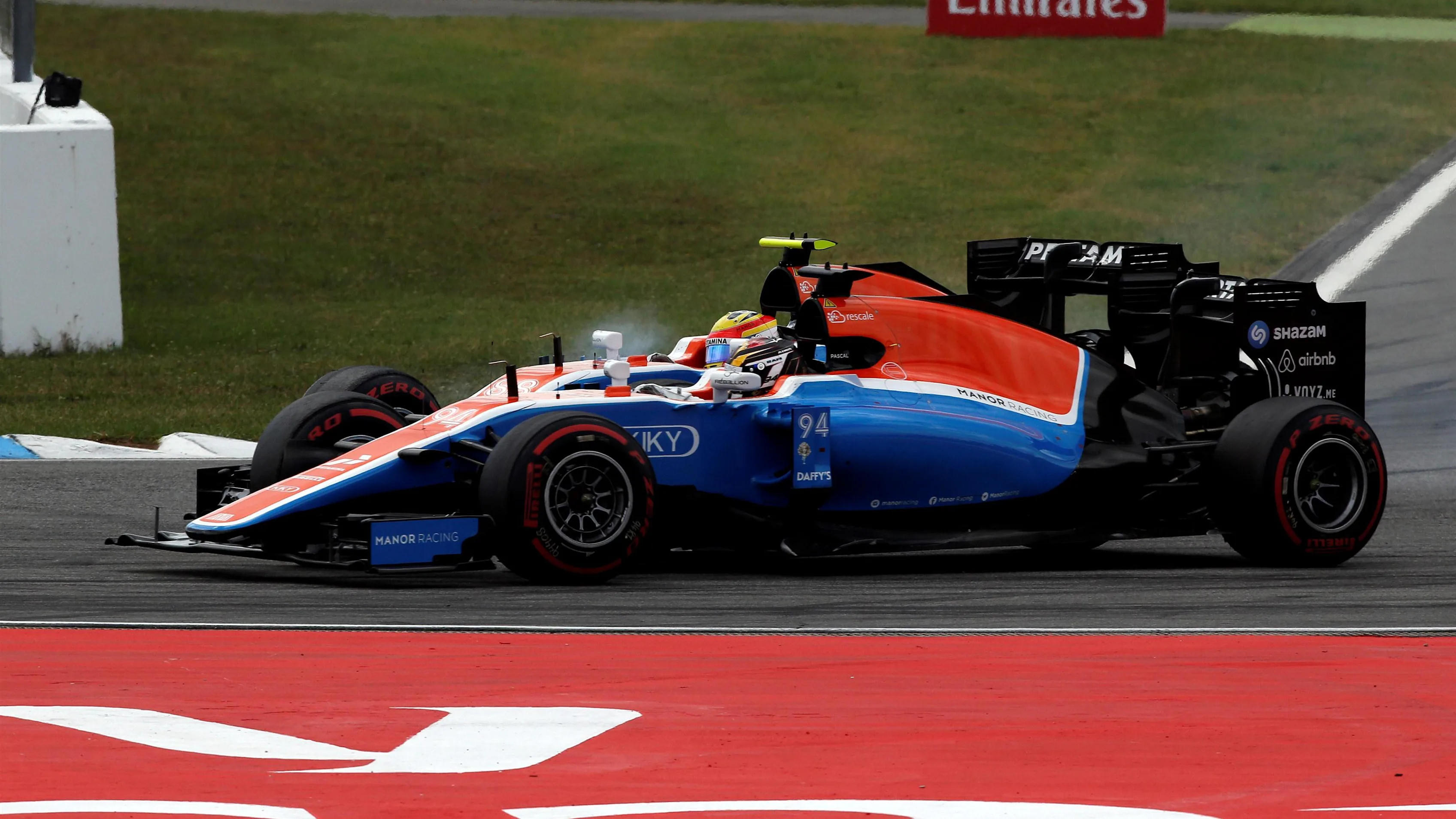 Pascal Wehrlein (GER) Manor Racing MRT05 and Rio Haryanto (IDN) Manor Racing MRT05 collide at the start of the race at Formula One World Championship, Rd12, German Grand Prix, Race, Hockenheim, Germany, Sunday 31 July 2016. © Sutton Images
