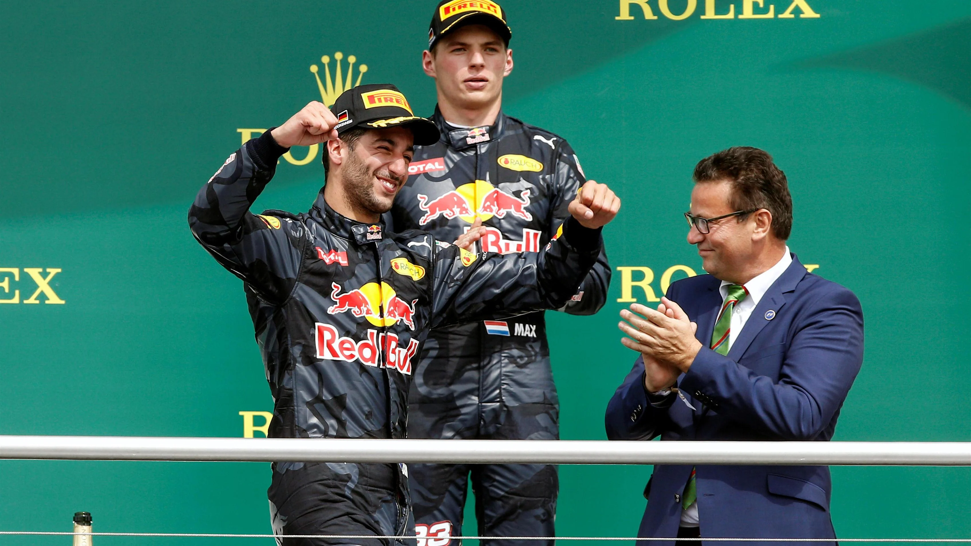 Daniel Ricciardo (AUS) Red Bull Racing celebrates on the podium at Formula One World Championship,
