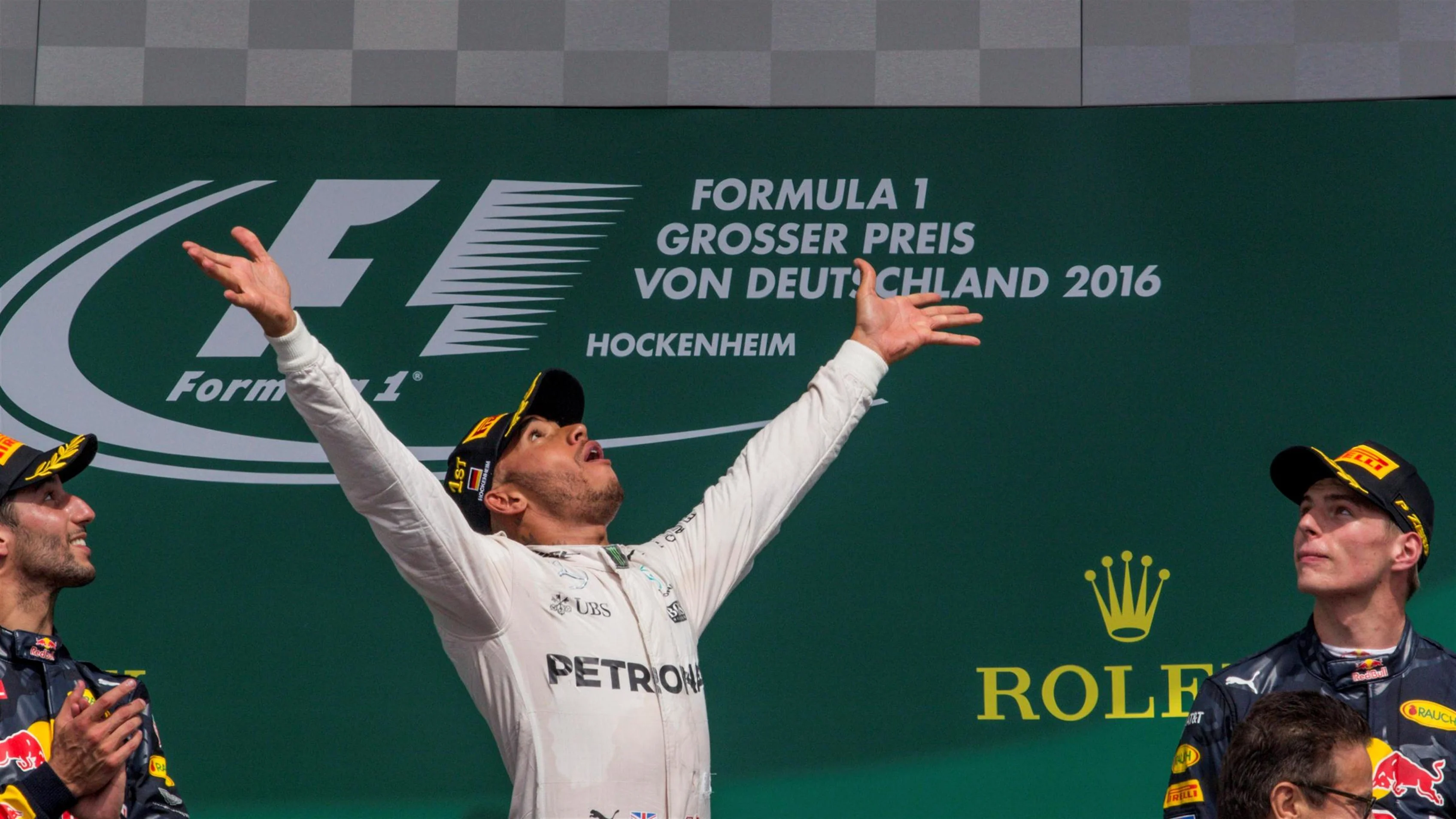 Race winner Lewis Hamilton (GBR) Mercedes AMG F1 celebrates on the podium with the trophy at Formula One World Championship, Rd12, German Grand Prix, Race, Hockenheim, Germany, Sunday 31 July 2016. © Sutton Images