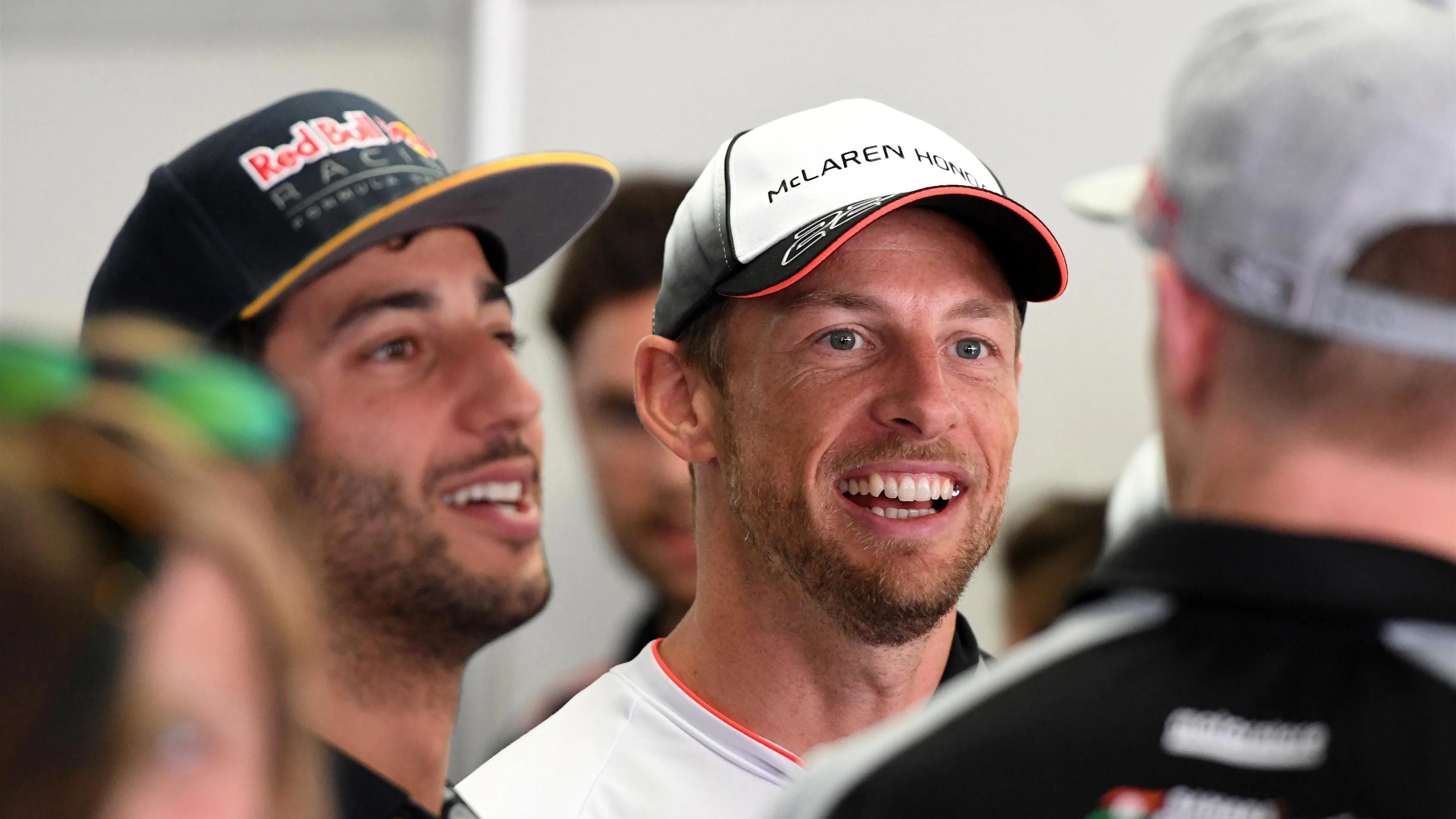 Daniel Ricciardo (AUS) Red Bull Racing and Jenson Button (GBR) McLaren on the drivers parade at