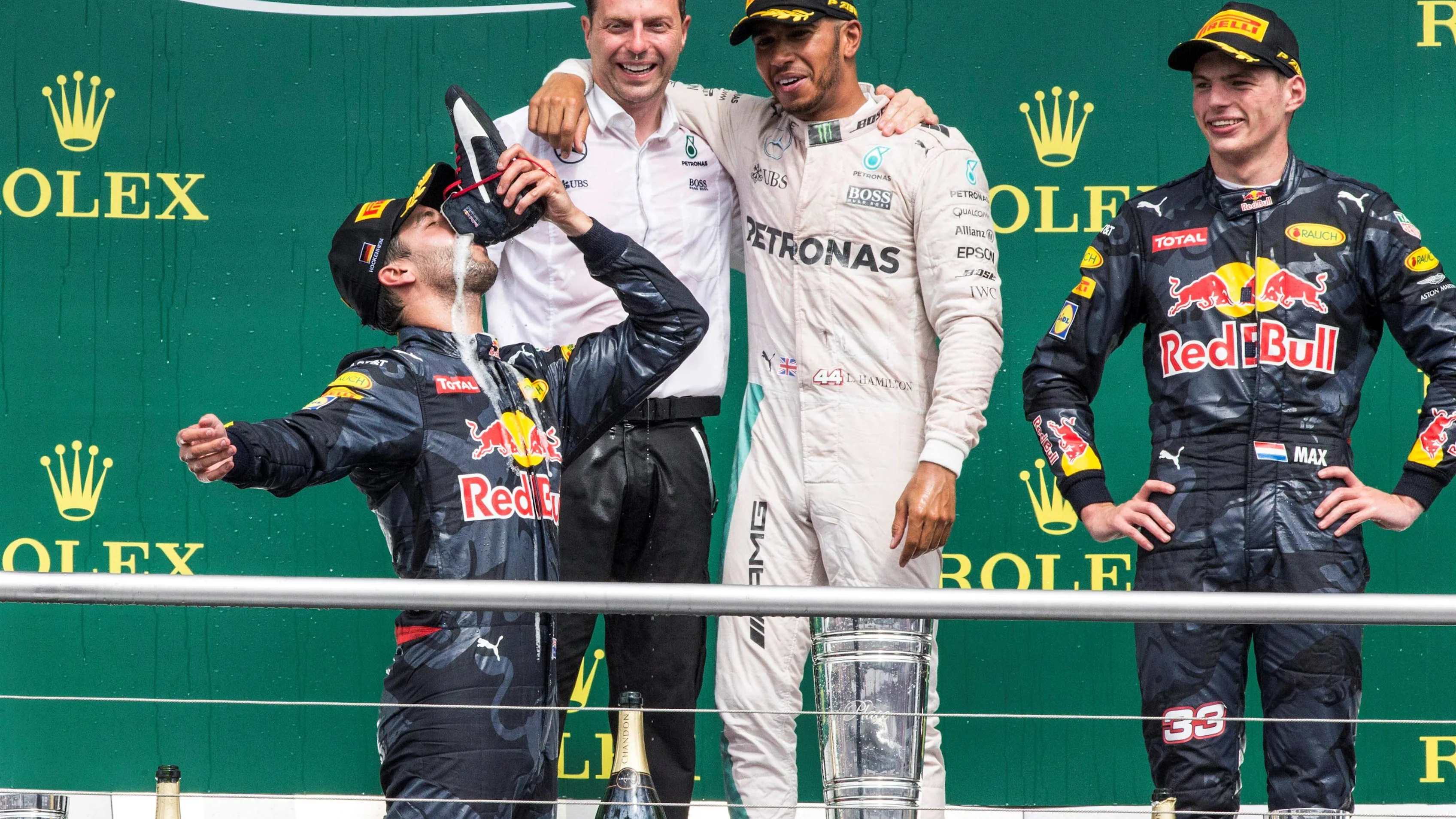 Lewis Hamilton (GBR) Mercedes AMG F1 and Max Verstappen (NED) Red Bull Racing celebrate on the