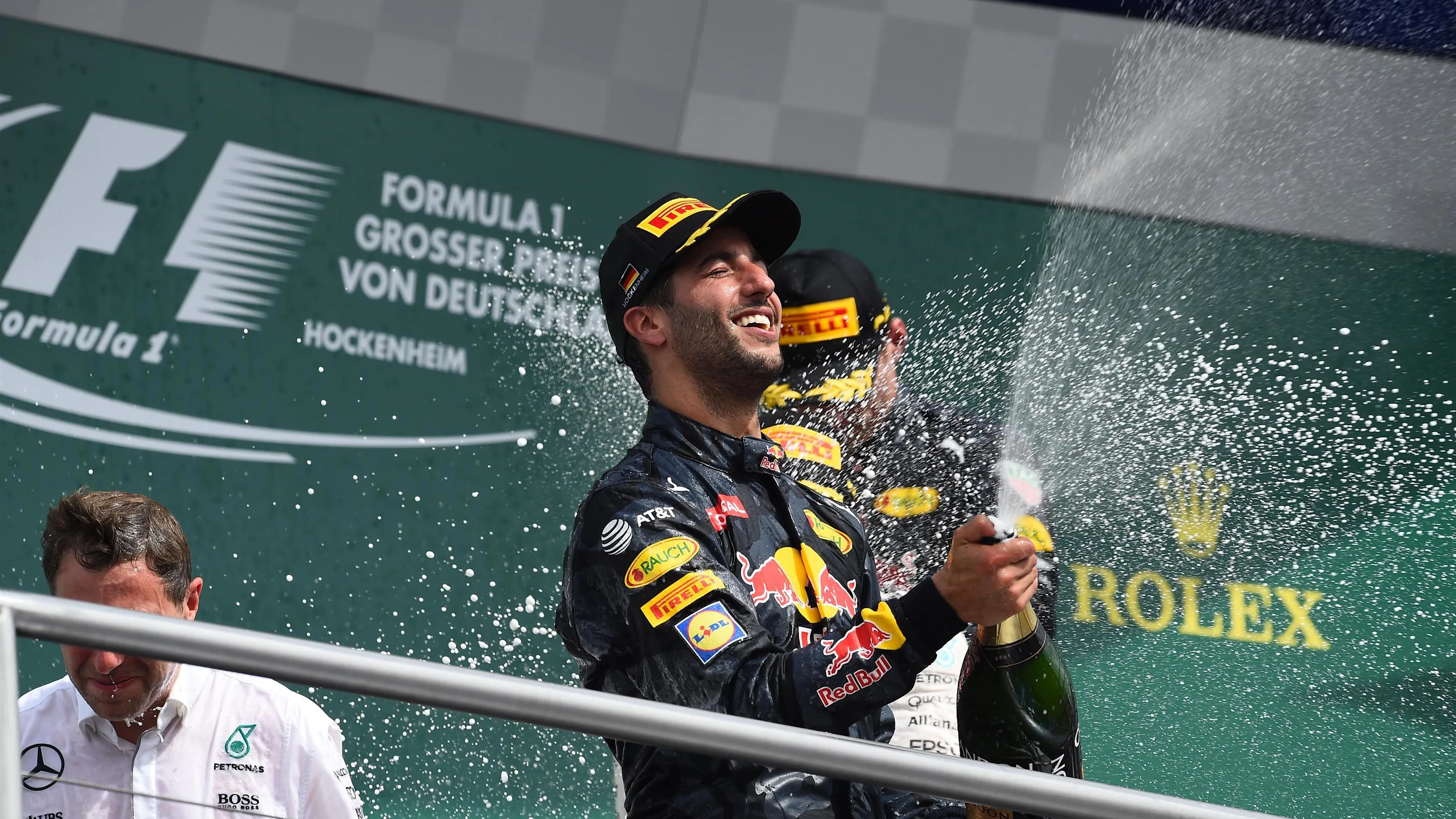 Daniel Ricciardo (AUS) Red Bull Racing celebrates on the podium with the champagne at Formula One World Championship, Rd12, German Grand Prix, Race, Hockenheim, Germany, Sunday 31 July 2016. © Sutton Images