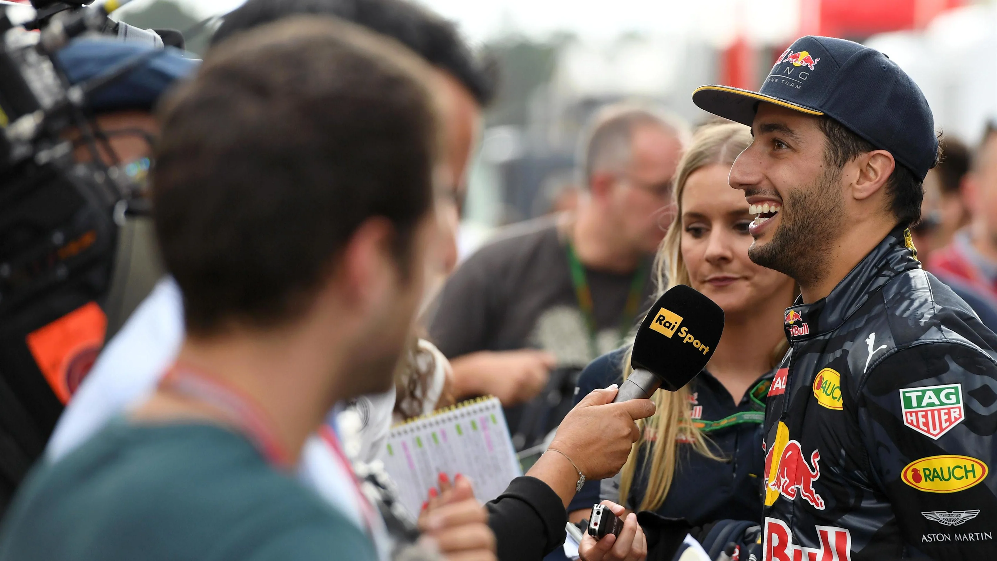 Daniel Ricciardo (AUS) Red Bull Racing talks with the media at Formula One World Championship, Rd12, German Grand Prix, Race, Hockenheim, Germany, Sunday 31 July 2016. © Sutton Images