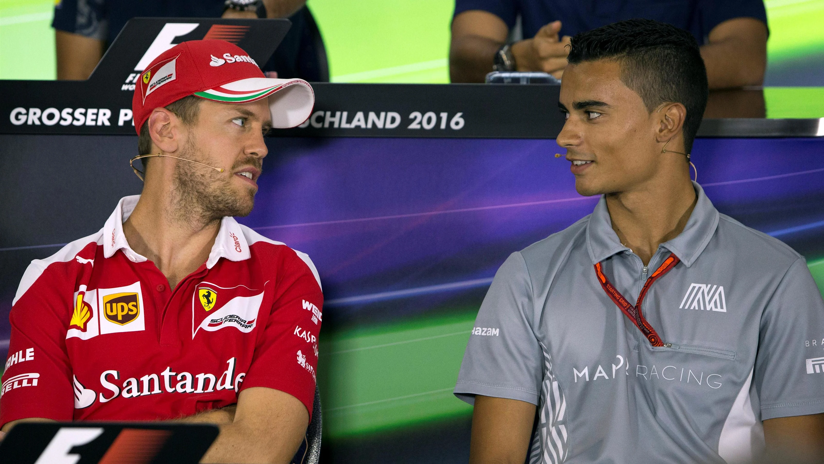 Sebastian Vettel (GER) Ferrari and Pascal Wehrlein (GER) Manor Racing in the Press Conference at Formula One World Championship, Rd12, German Grand Prix, Preparations, Hockenheim, Germany, Thursday 28 July 2016. © Sutton Images