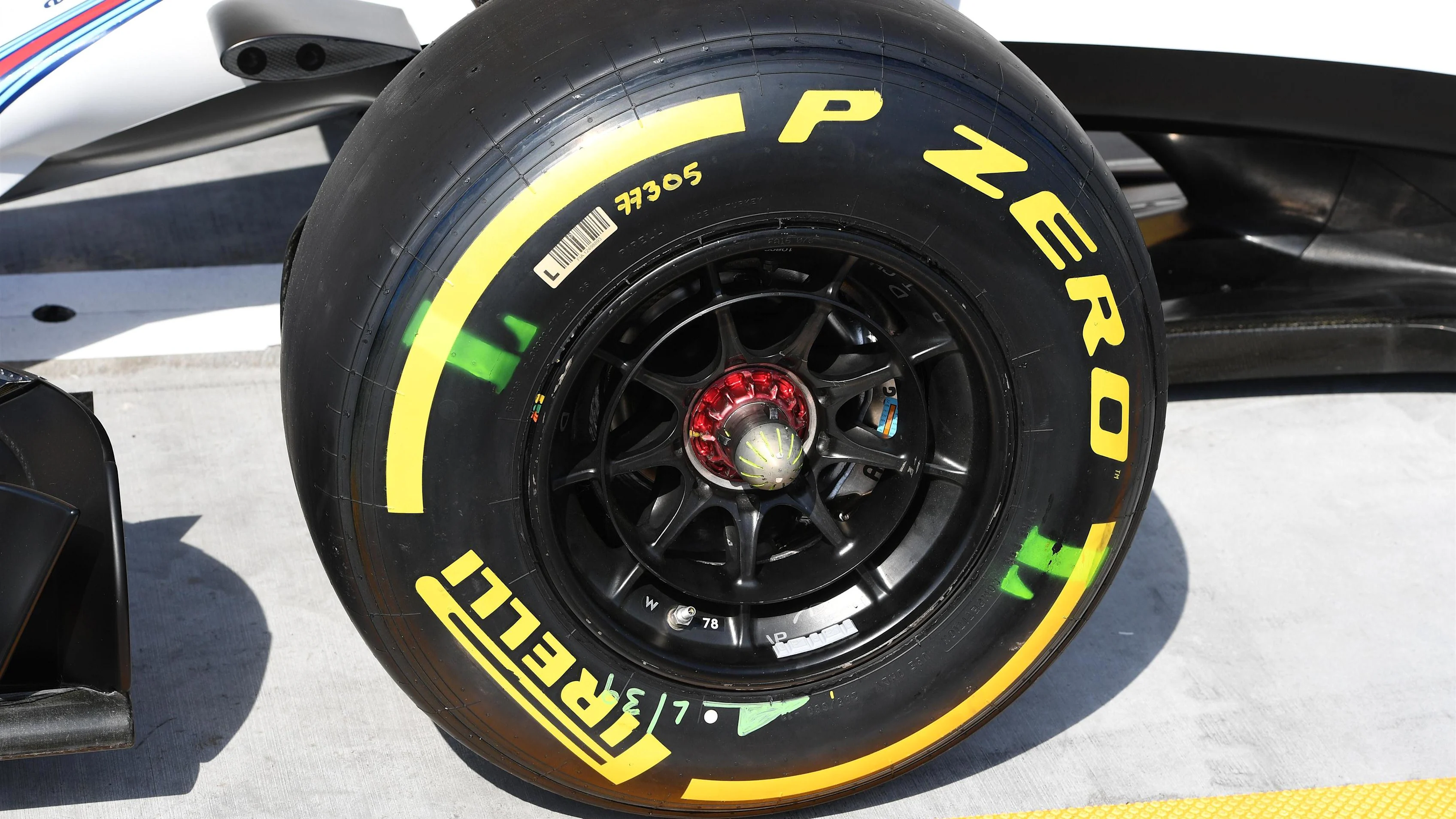 Williams FW38 wheel and front Pirelli tyre at Formula One World Championship, Rd11, Preparations,