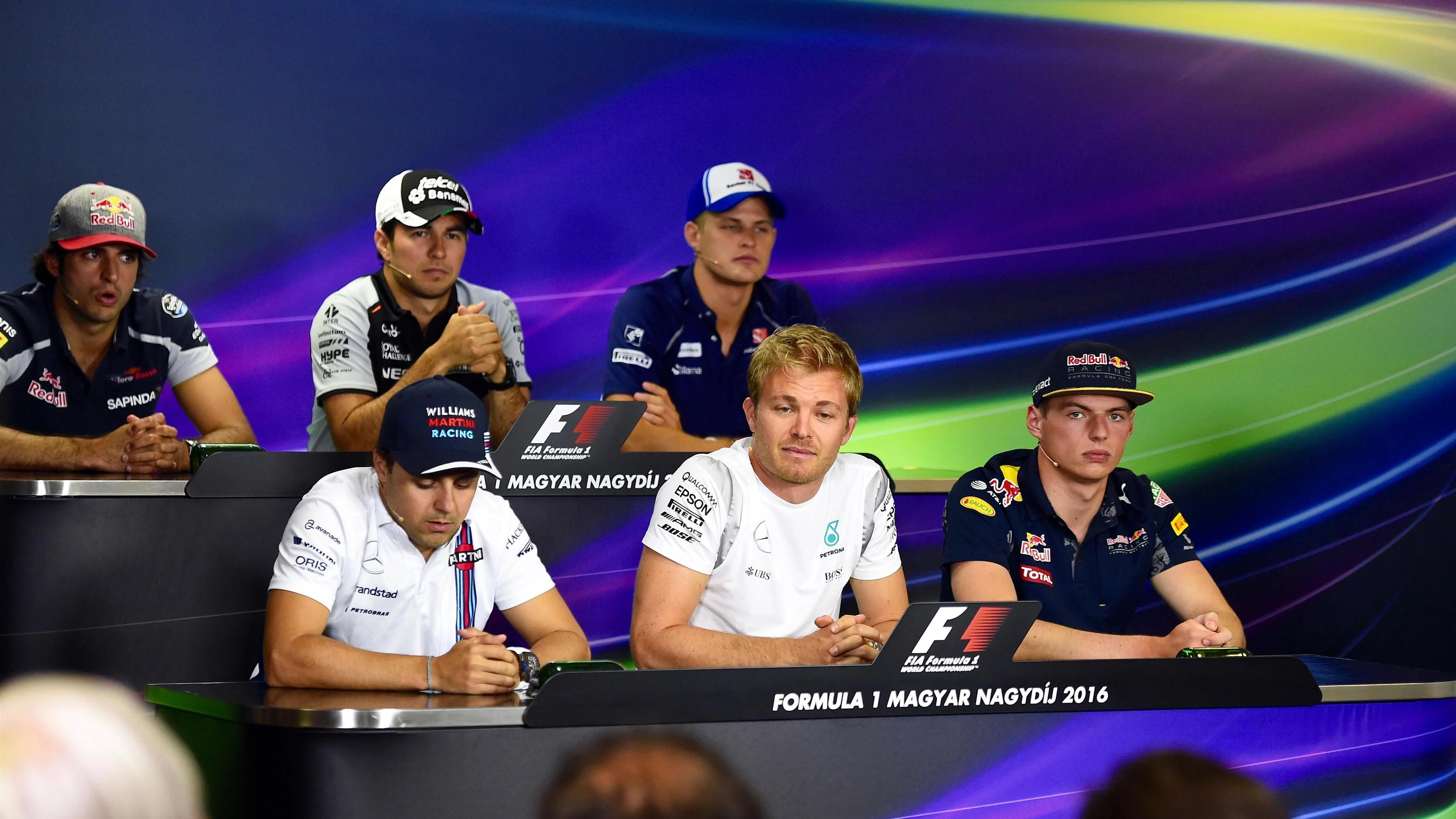 (L to R): Carlos Sainz jr (ESP) Scuderia Toro Rosso, Sergio Perez (MEX) Force India, Marcus Ericsson (SWE) Sauber, Felipe Massa (BRA) Williams, Nico Rosberg (GER) Mercedes AMG F1 and Max Verstappen (NED) Red Bull Racing in the Press Conference at Formula One World Championship, Rd11, Preparations, Hungaroring, Hungary, Thursday 21 July 2016. © Sutton Images