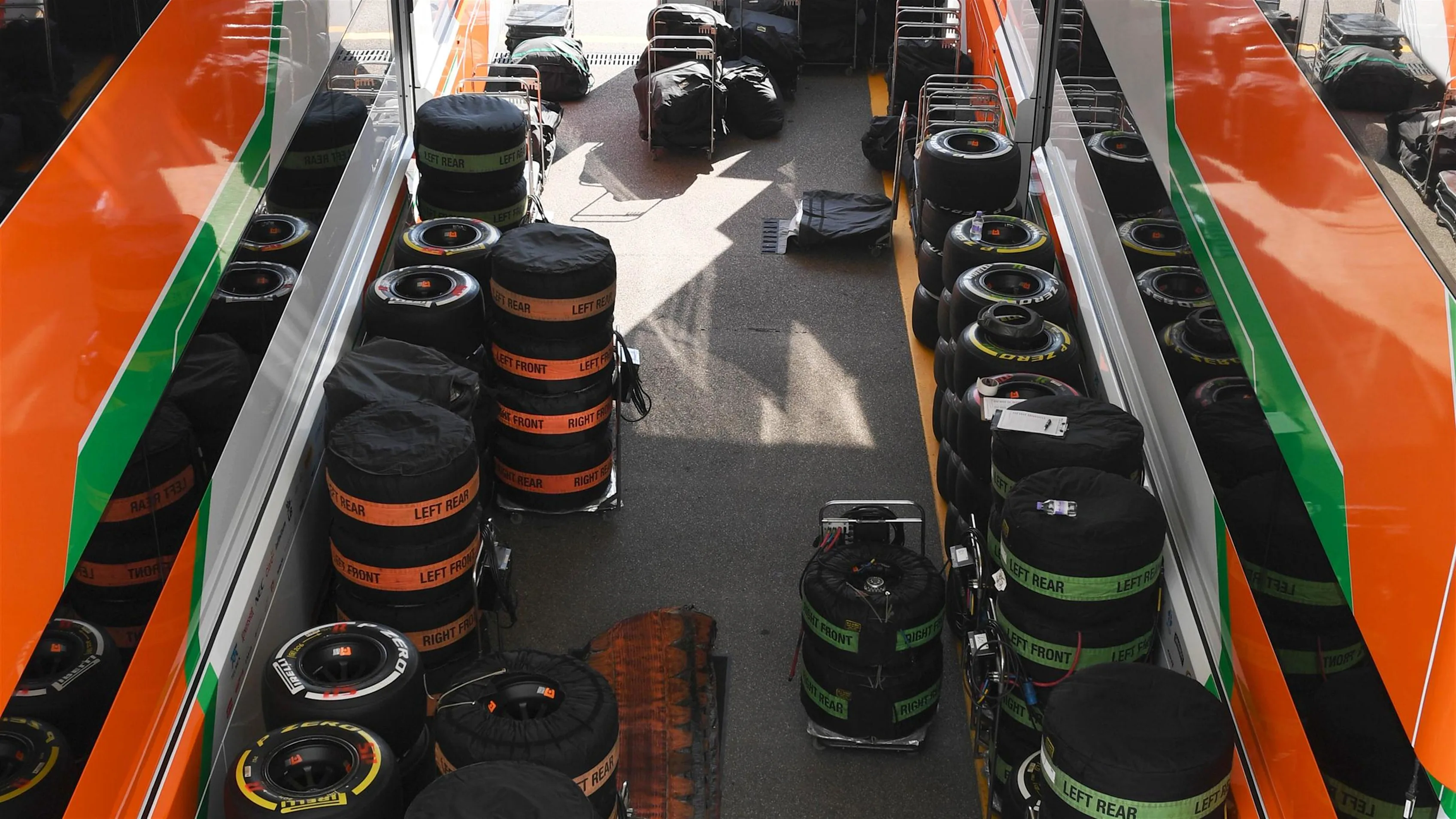 Force India trucks and Pirelli tyres at Formula One World Championship, Rd14, Italian Grand Prix,