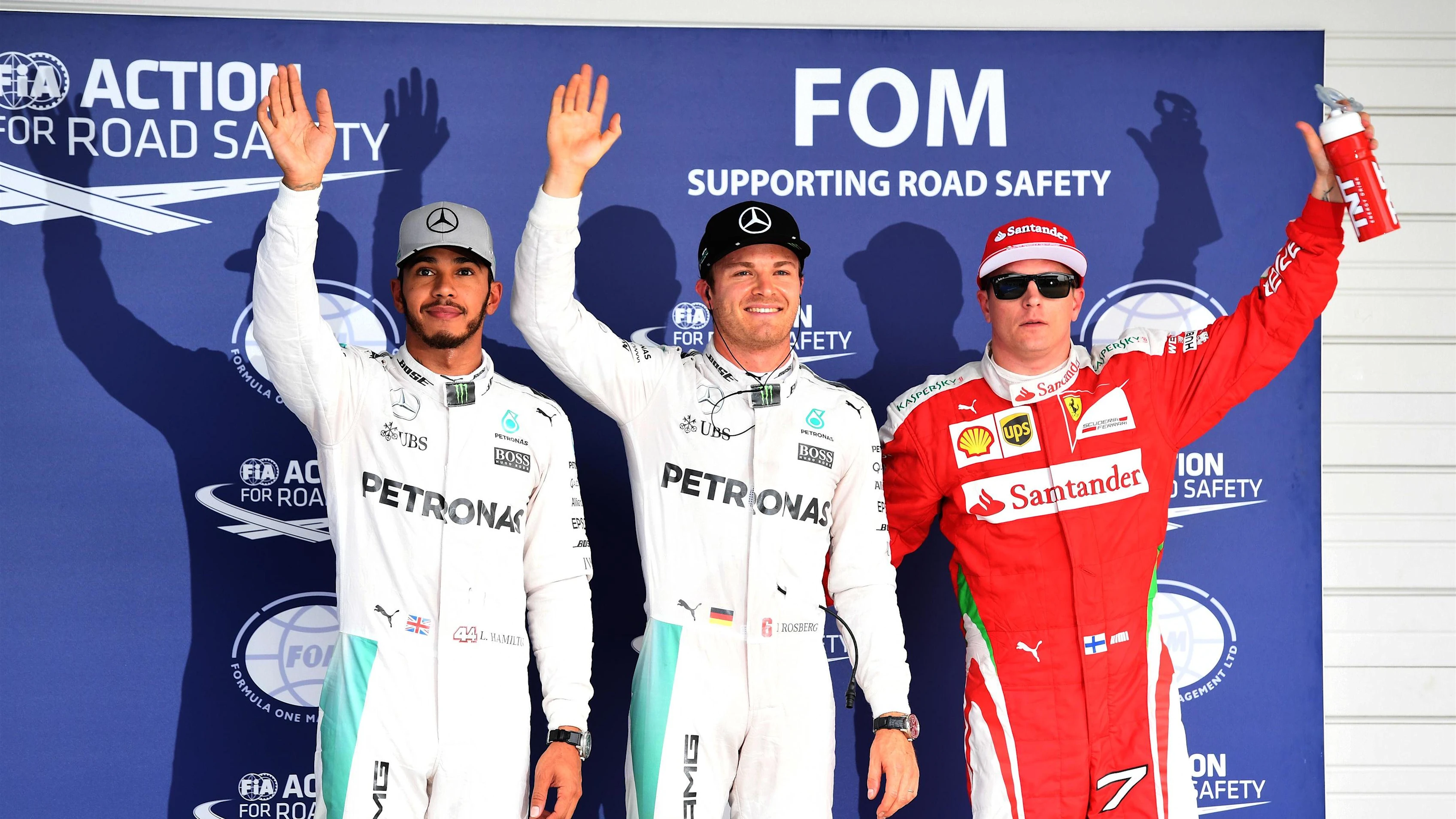 (L to R): Lewis Hamilton (GBR) Mercedes AMG F1, pole sitter Nico Rosberg (GER) Mercedes AMG F1 and Kimi Raikkonen (FIN) Ferrari celebrate in parc ferme at Formula One World Championship, Rd17, Japanese Grand Prix, Qualifying, Suzuka, Japan, Saturday 8 October 2016. © Sutton Images