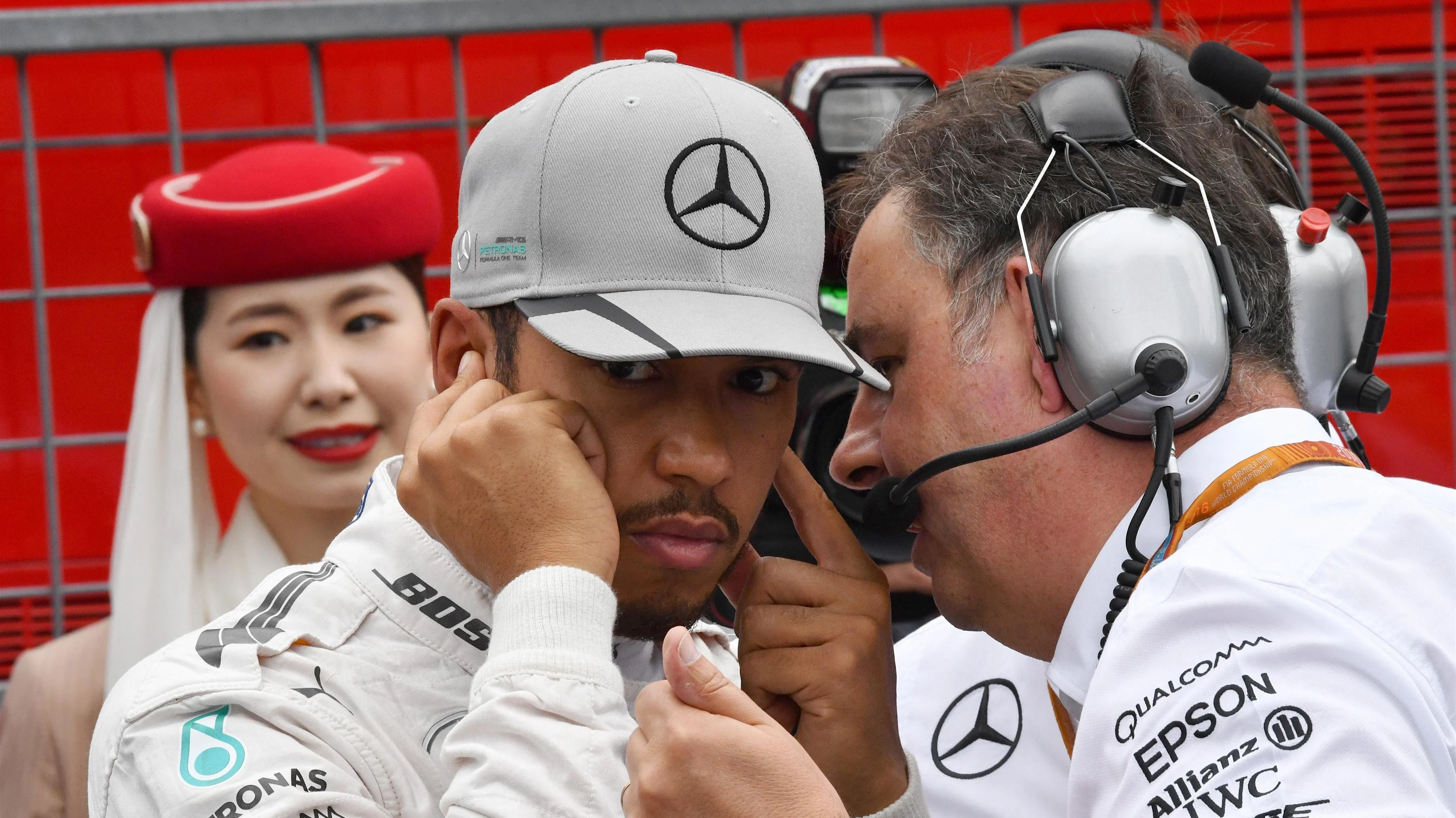 Lewis Hamilton (GBR) Mercedes AMG F1 and Ron Meadows (GBR) Mercedes AMG F1 Team Manager on the grid
