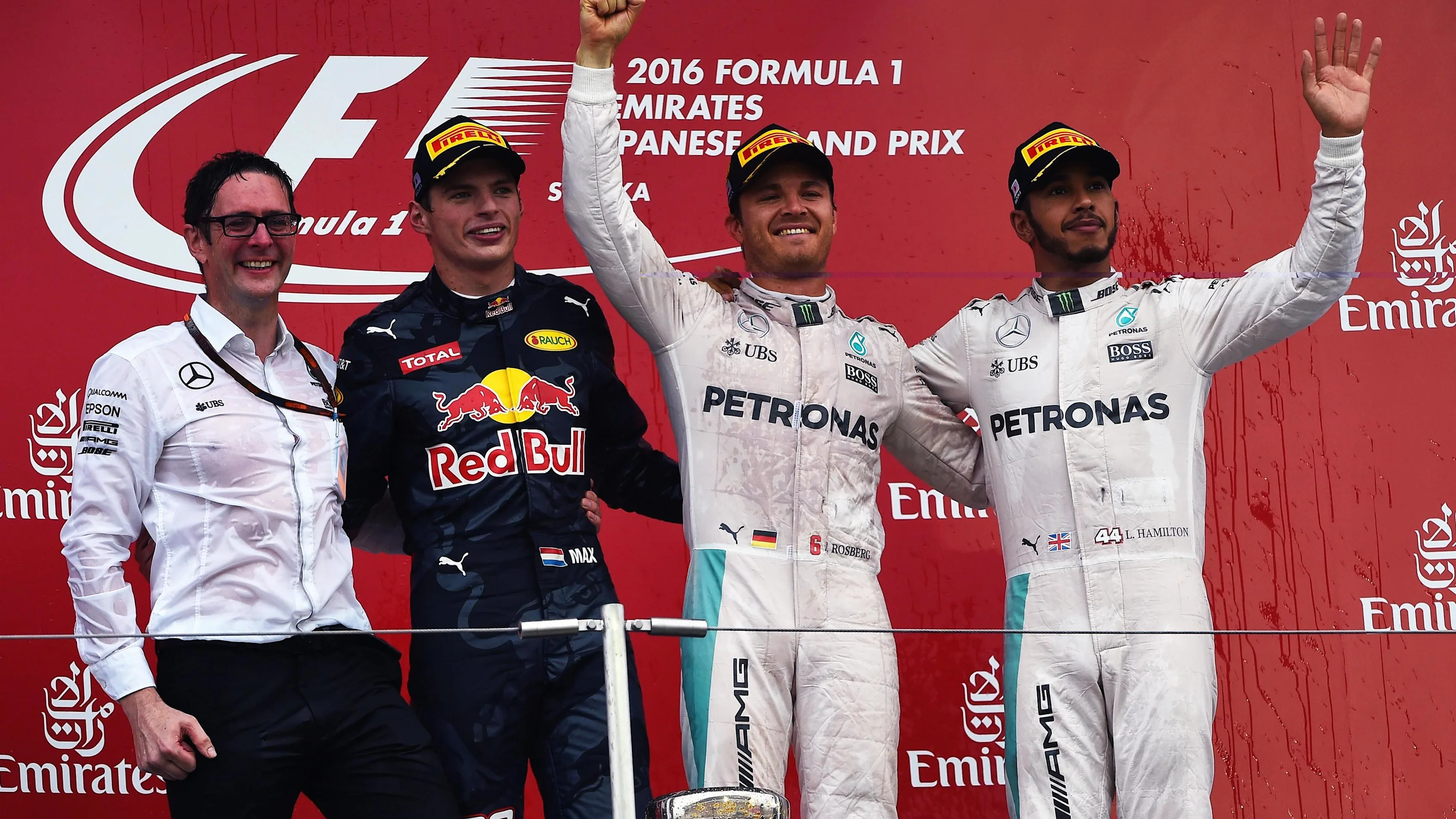 (L to R): Andy Shovlin (GBR) Mercedes AMG F1 Chief Engineer, Max Verstappen (NED) Red Bull Racing, race winner Nico Rosberg (GER) Mercedes AMG F1 and Lewis Hamilton (GBR) Mercedes AMG F1 celebrate on the podium at Formula One World Championship, Rd17, Japanese Grand Prix, Race, Suzuka, Japan, Sunday 9 October 2016. © Sutton Images