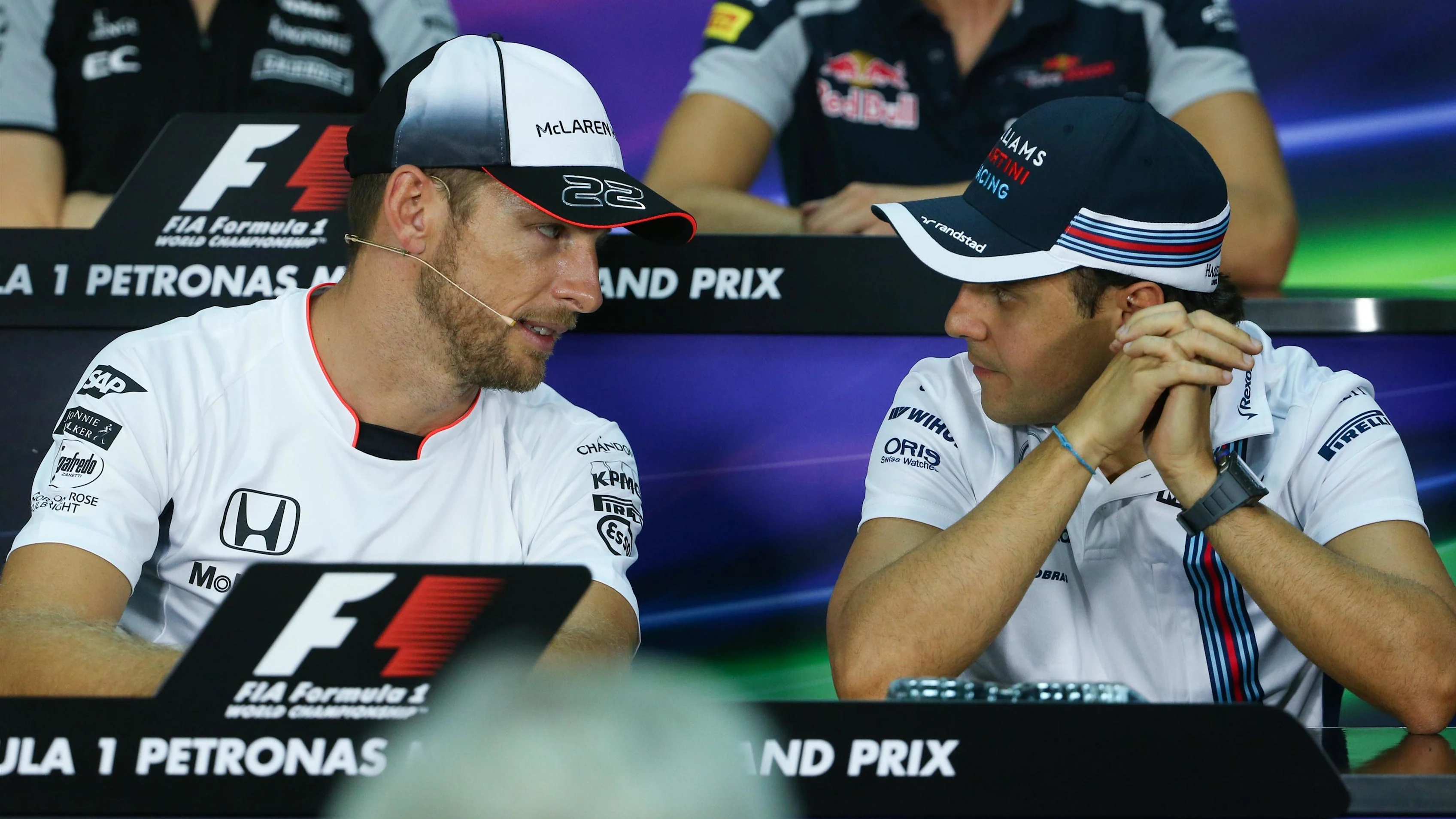 Jenson Button (GBR) McLaren and Felipe Massa (BRA) Williams in the Press Conference at Formula One
