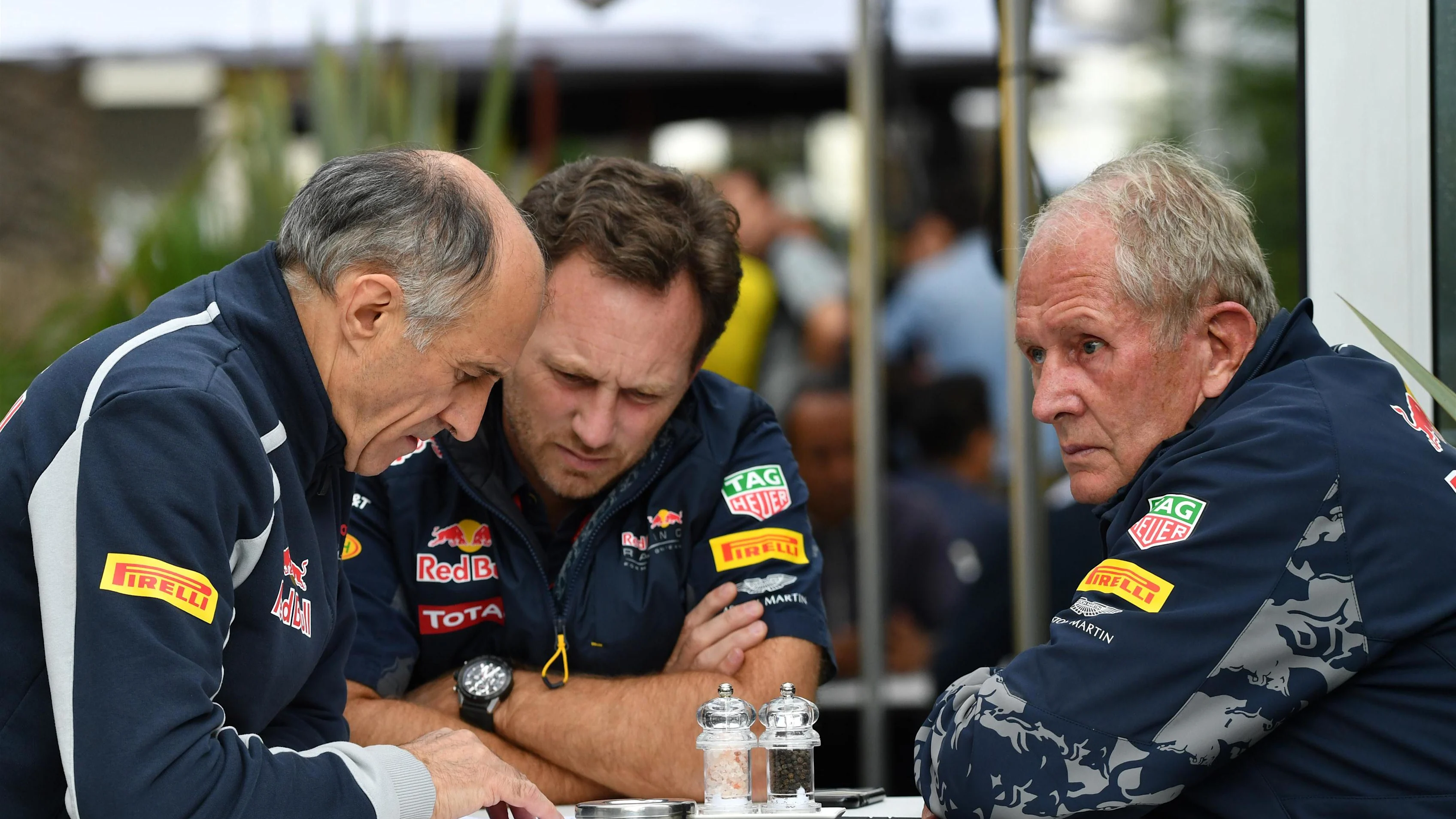 Franz Tost (AUT) Scuderia Toro Rosso Team Principal, Christian Horner (GBR) Red Bull Racing Team Principal and Dr Helmut Marko (AUT) Red Bull Motorsport Consultant at Formula One World Championship, Rd19, Mexican Grand Prix, Practice, Circuit Hermanos Rodriguez, Mexico City, Mexico, Friday 28 October 2016. © Sutton Images