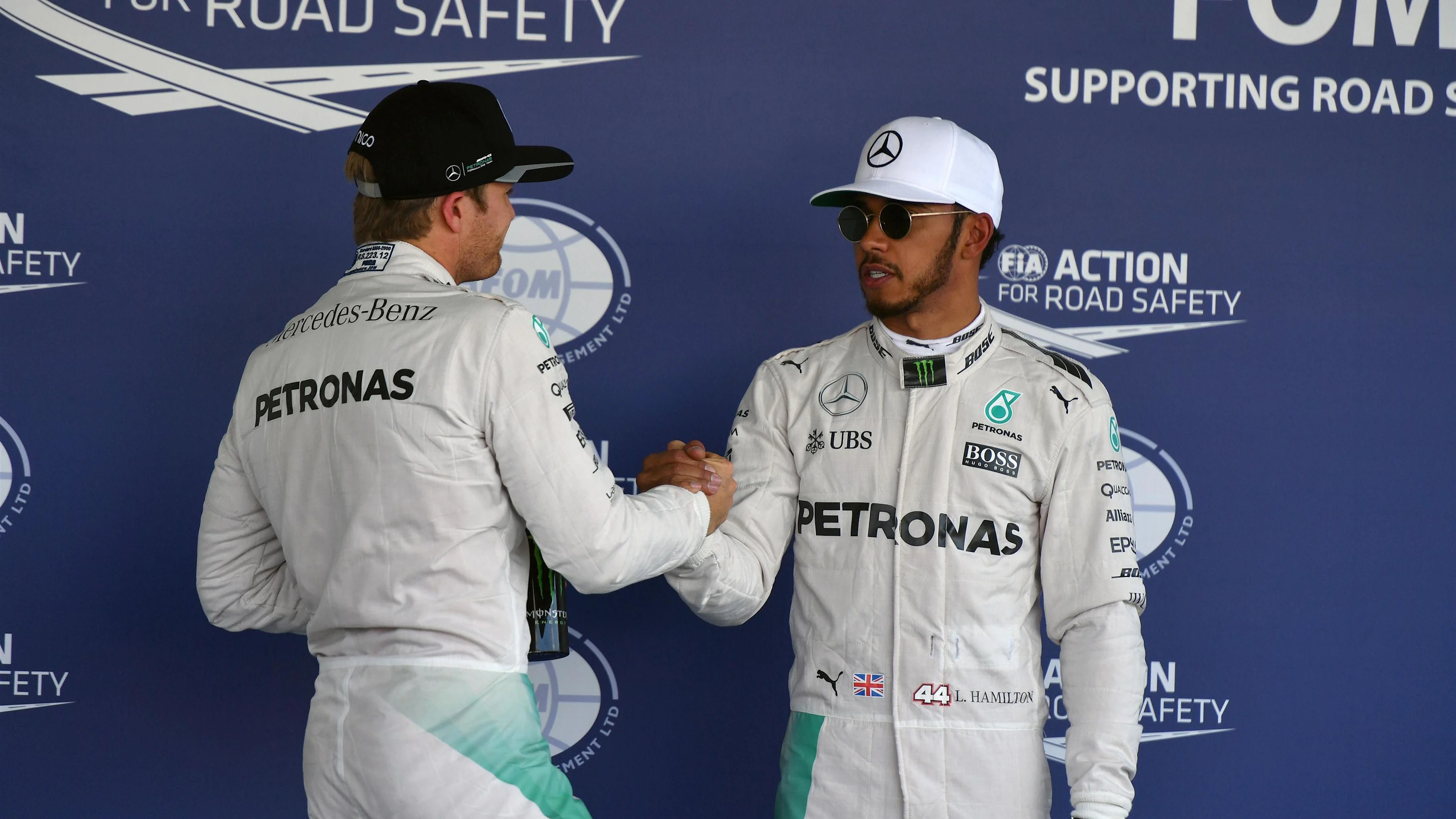 Pole sitter Lewis Hamilton (GBR) Mercedes AMG F1 celebrates with Nico Rosberg (GER) Mercedes AMG F1 in parc ferme at Formula One World Championship, Rd19, Mexican Grand Prix, Qualifying, Circuit Hermanos Rodriguez, Mexico City, Mexico, Saturday 29 October 2016. © Sutton Images