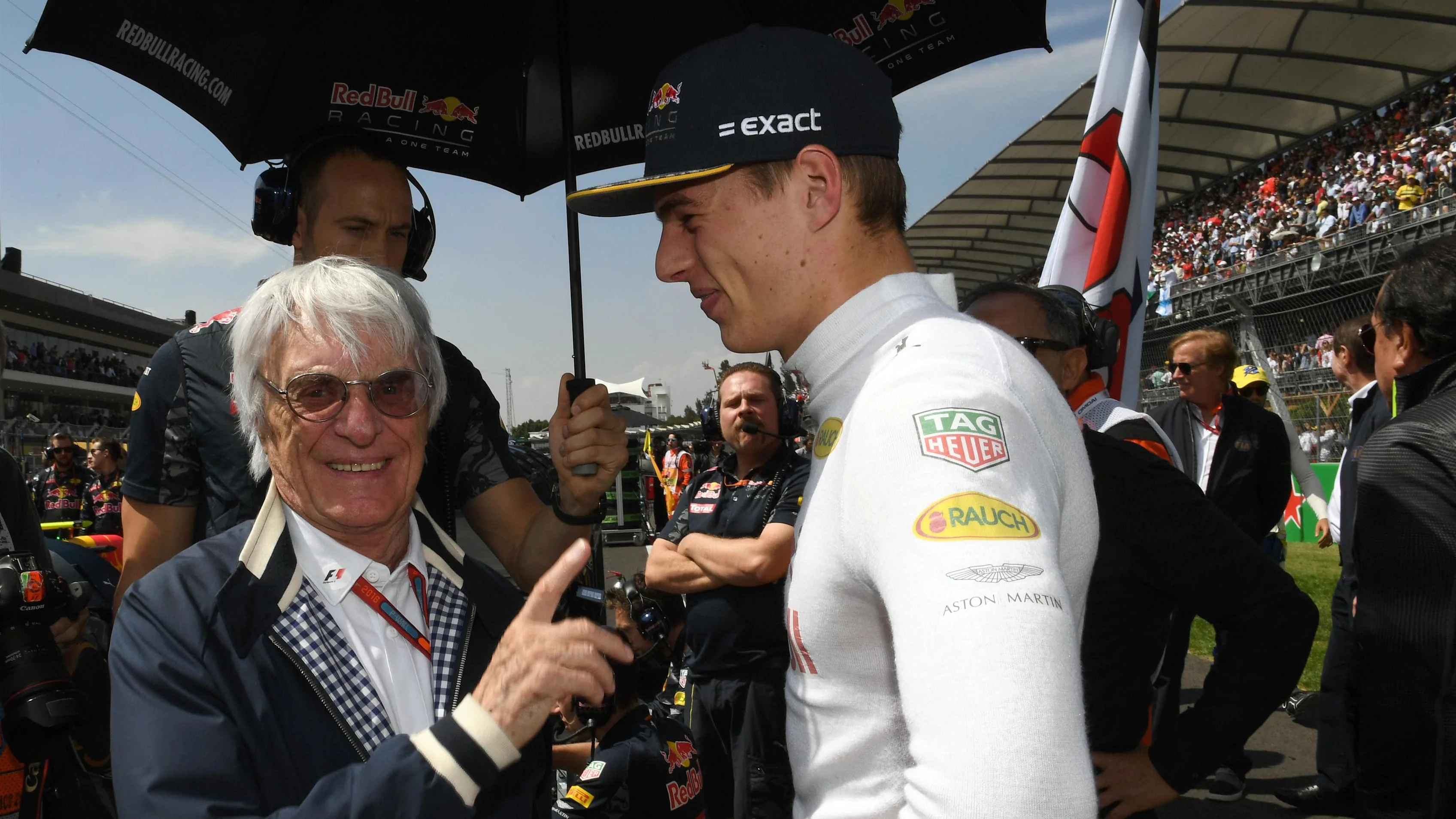 Bernie Ecclestone (GBR) CEO Formula One Group (FOM) and Max Verstappen (NED) Red Bull Racing on the