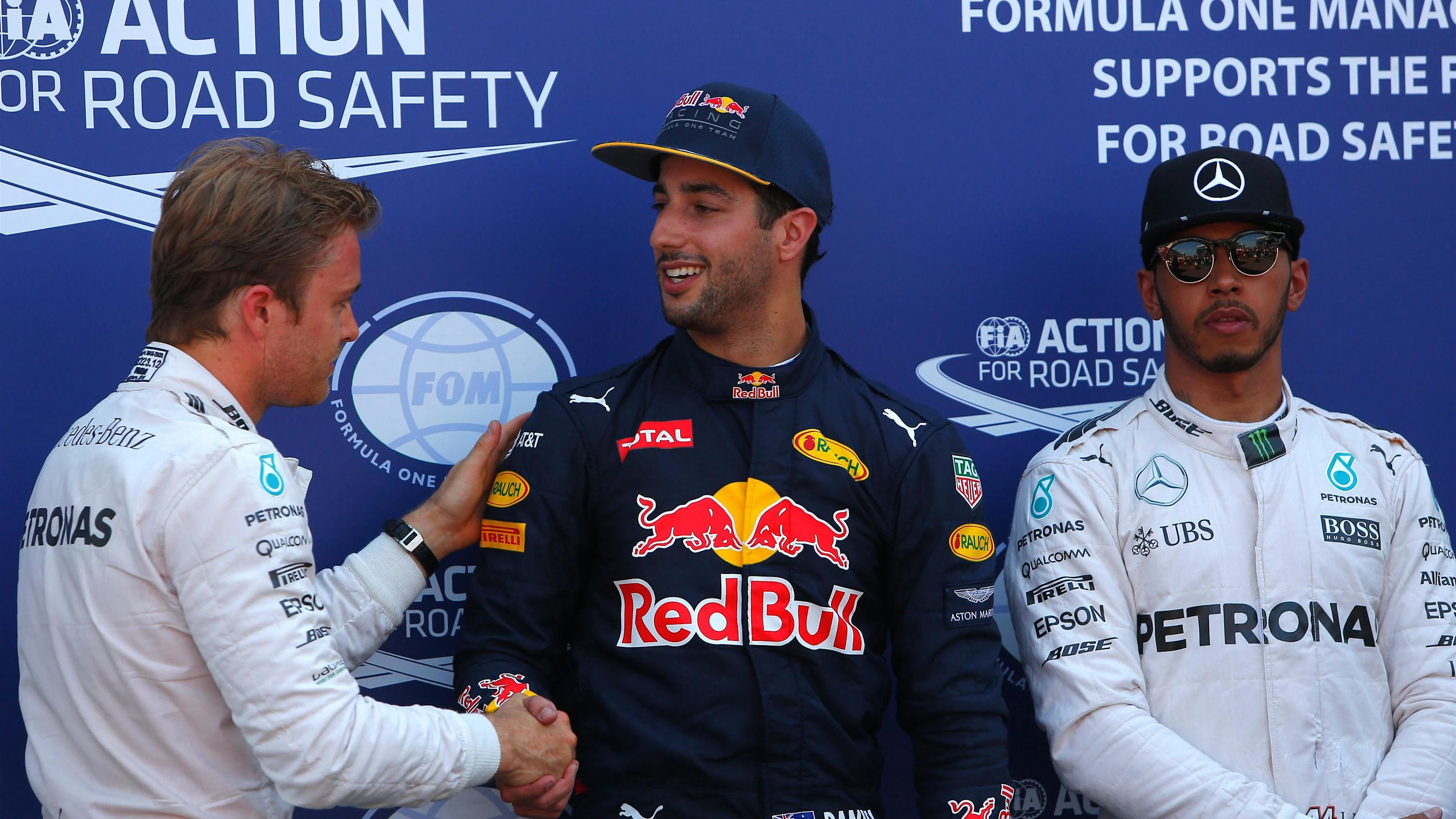 (L to R): Nico Rosberg (GER) Mercedes AMG F1, pole sitter Daniel Ricciardo (AUS) Red Bull Racing and Lewis Hamilton (GBR) Mercedes AMG F1 celebrate in parc ferme at Formula One World Championship, Rd6, Monaco Grand Prix, Qualifying, Monte-Carlo, Monaco, Saturday 28 May 2016. © Sutton Images