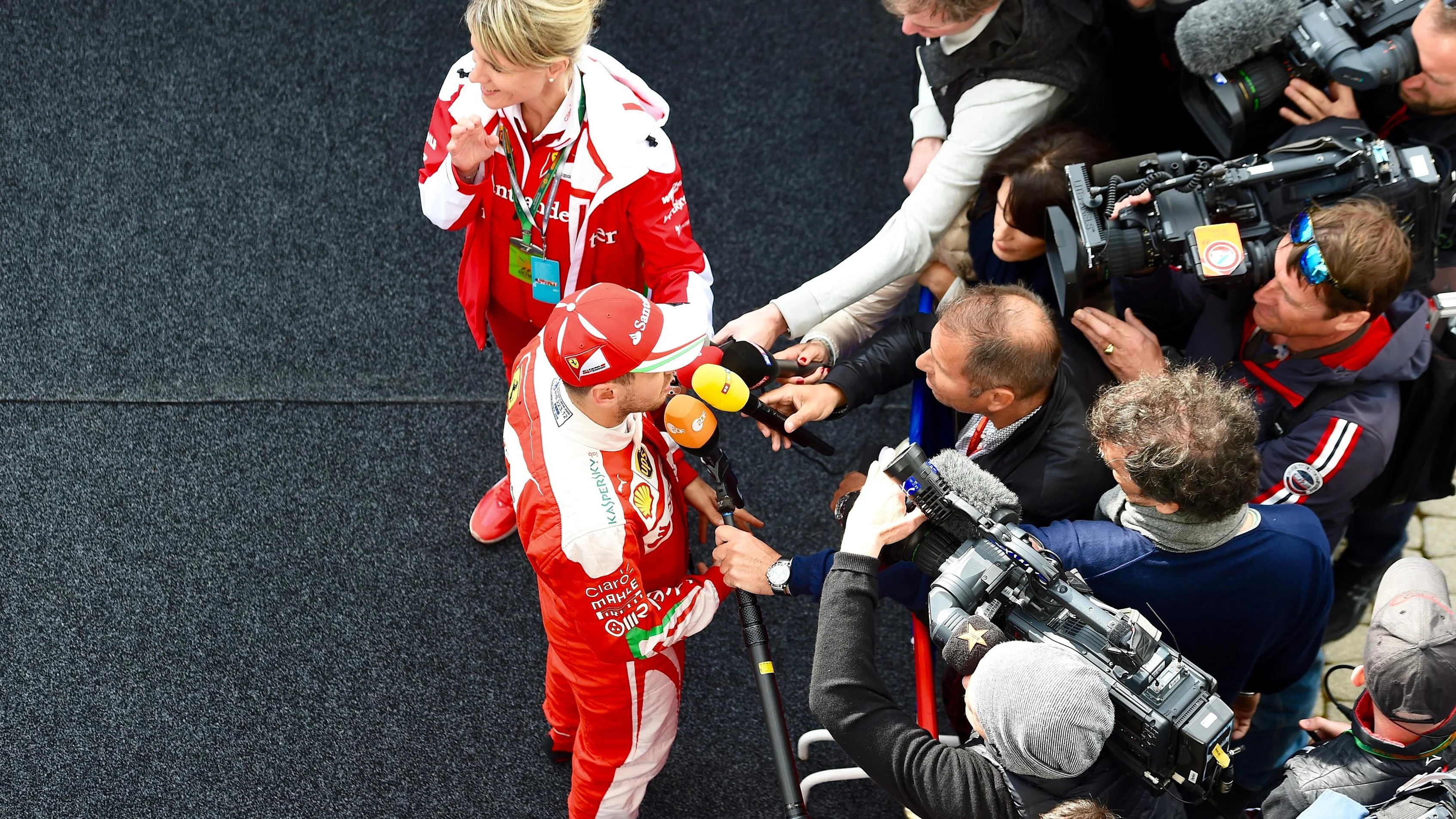 Sebastian Vettel (GER) Ferrari talks with the media at Formula One World Championship, Rd4, Russian