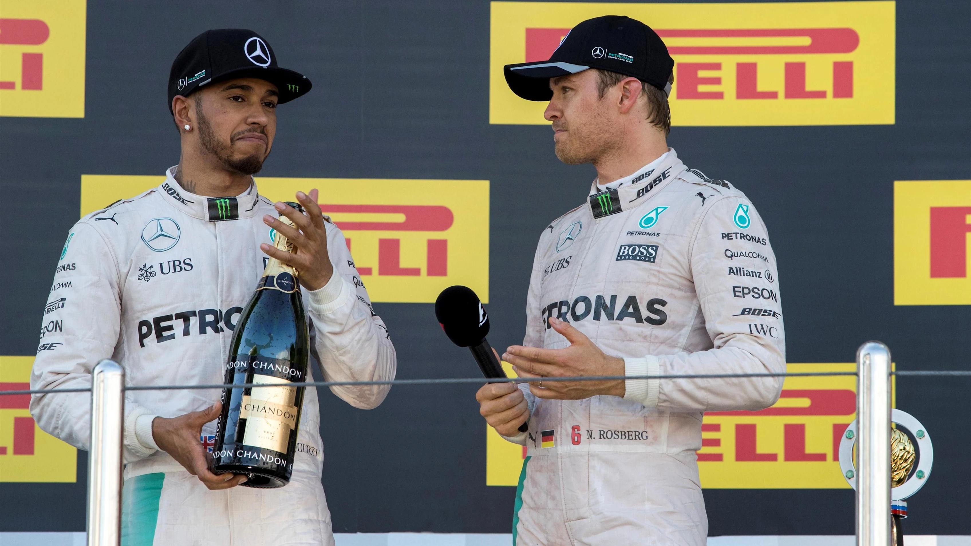 Lewis Hamilton (GBR) Mercedes AMG F1 and Nico Rosberg (GER) Mercedes AMG F1 on the podium at