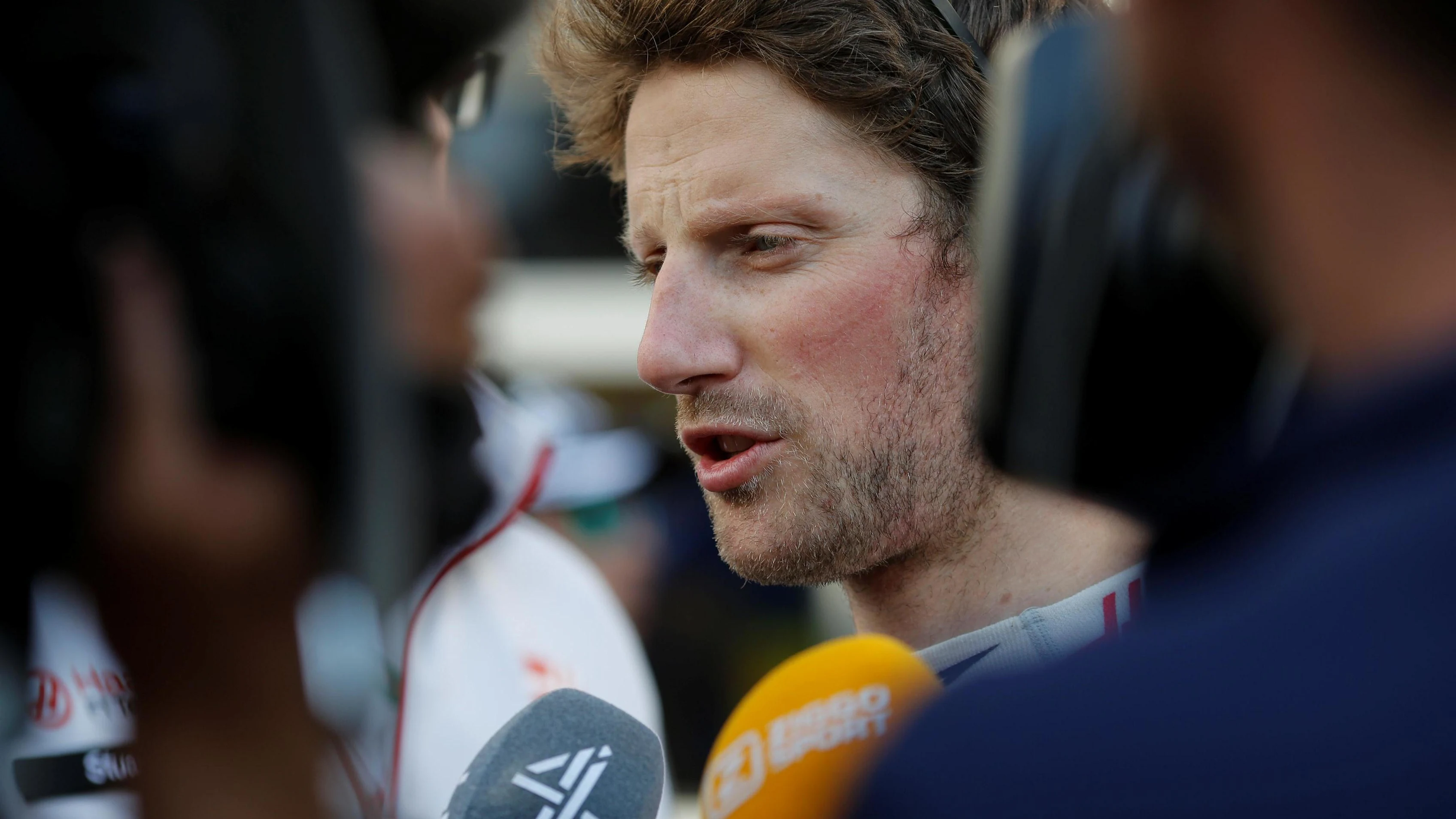 Romain Grosjean (FRA) Haas F1 talks with the media at Formula One World Championship, Rd4, Russian