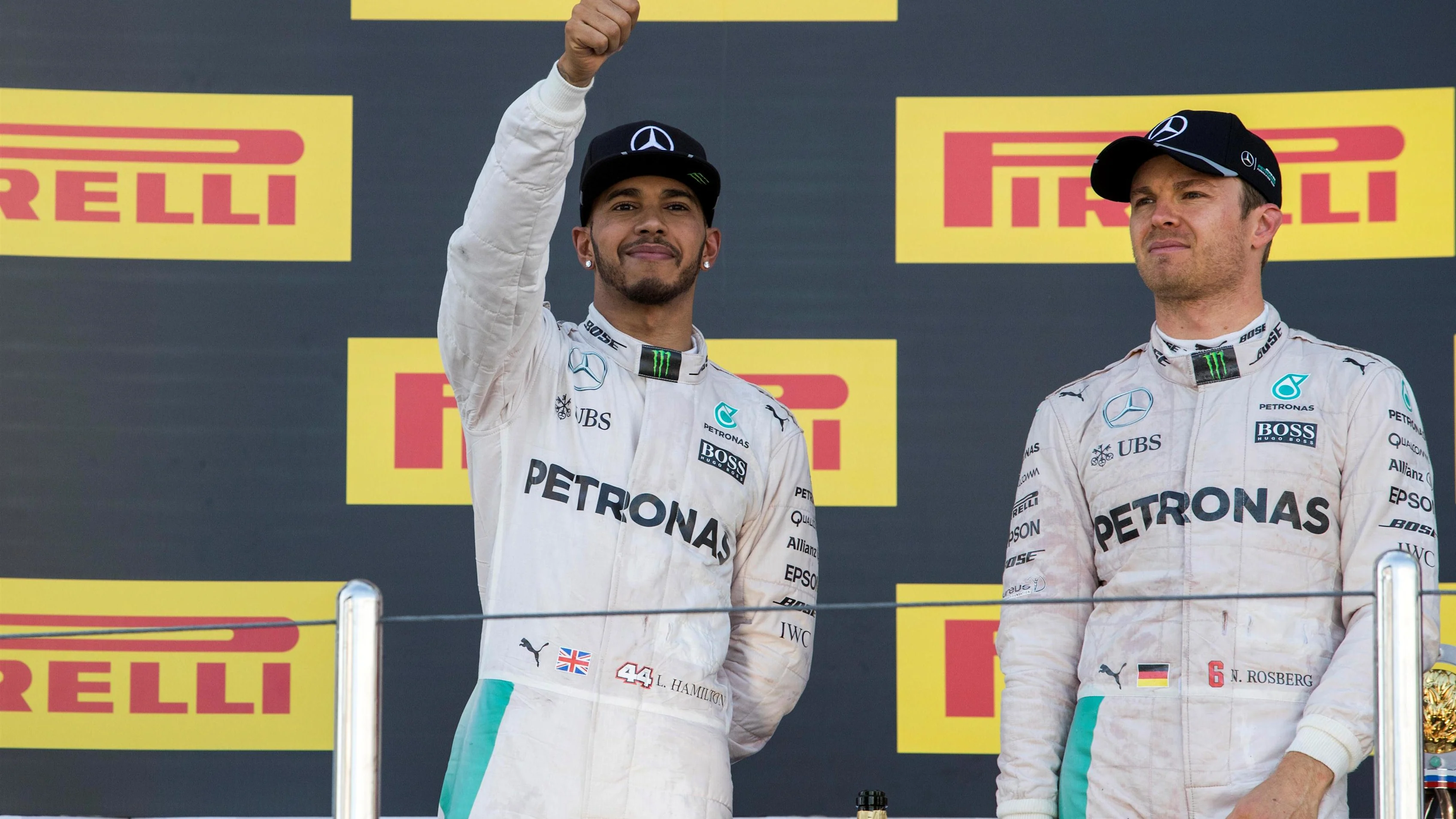 Lewis Hamilton (GBR) Mercedes AMG F1 and Nico Rosberg (GER) Mercedes AMG F1 on the podium at Formula One World Championship, Rd4, Russian Grand Prix, Race, Sochi Autodrom, Sochi, Krasnodar Krai, Russia, Sunday 1 May 2016. © Sutton Motorsport Images