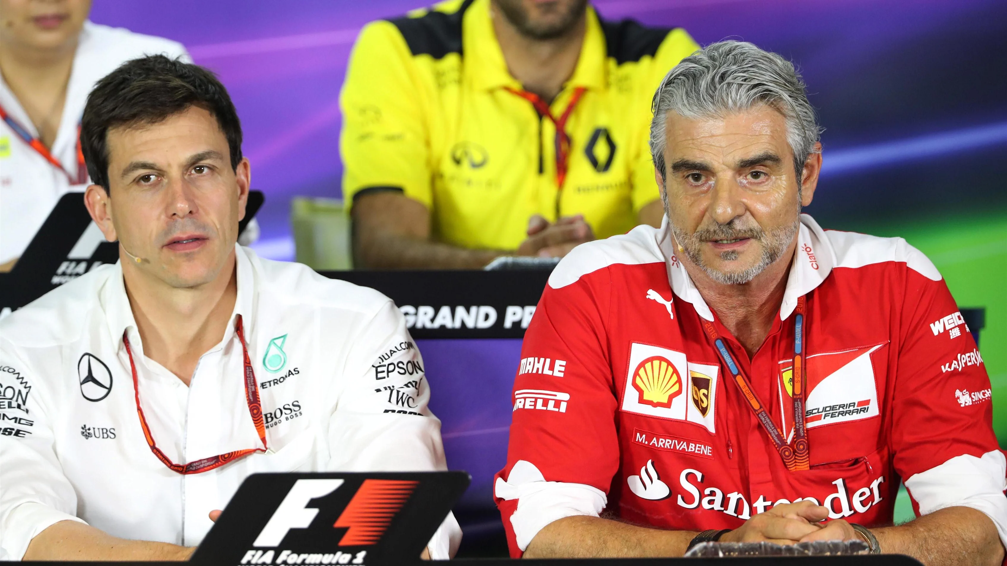 Toto Wolff (AUT) Mercedes AMG F1 Director of Motorsport and Maurizio Arrivabene (ITA) Ferrari Team Principal in the Press Conference at Formula One World Championship, Rd15, Singapore Grand Prix, Practice, Marina Bay Street Circuit, Singapore, Friday 16 September 2016. © Sutton Images