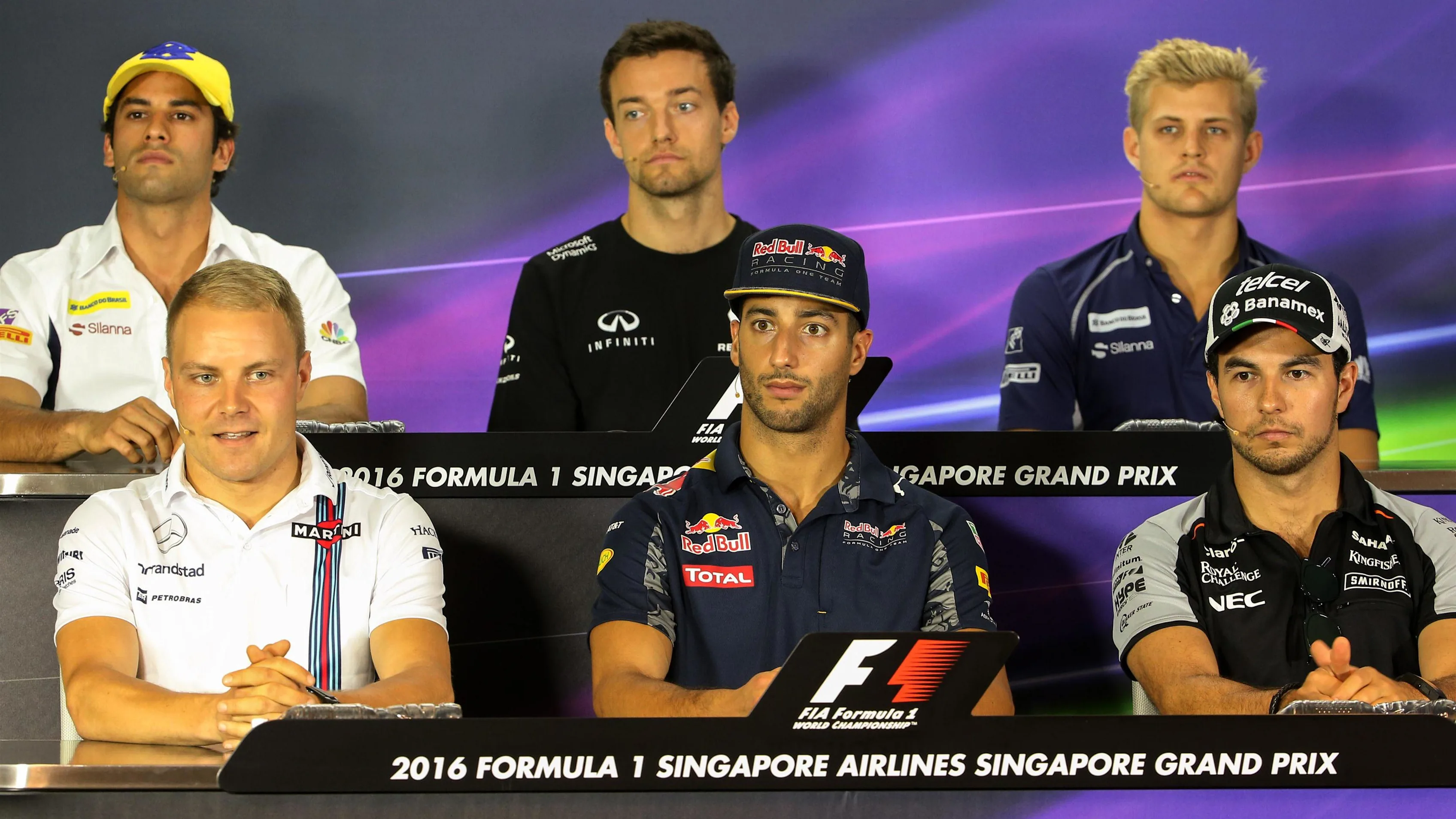 (L to R): Felipe Nasr (BRA) Sauber, Jolyon Palmer (GBR) Renault Sport F1 Team, Marcus Ericsson (SWE) Sauber, Valtteri Bottas (FIN) Williams, Daniel Ricciardo (AUS) Red Bull Racing and Sergio Perez (MEX) Force India in the Press Conference at Formula One World Championship, Rd15, Singapore Grand Prix, Preparations, Marina Bay Street Circuit, Singapore, Thursday 15 September 2016. © Sutton Images