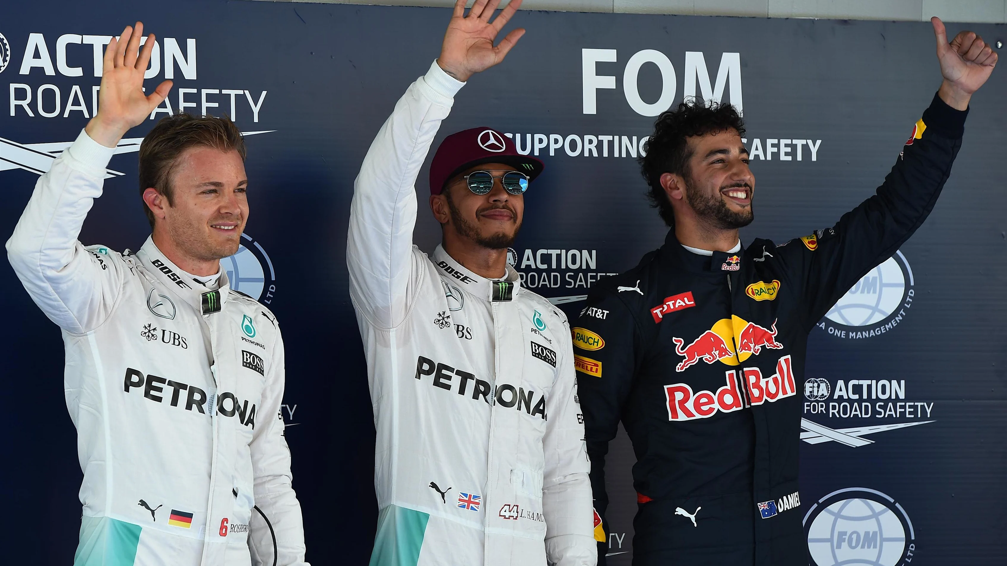 (L to R): Nico Rosberg (GER) Mercedes AMG F1, pole sitter Lewis Hamilton (GBR) Mercedes AMG F1 and Daniel Ricciardo (AUS) Red Bull Racing celebrate in parc ferme at Formula One World Championship, Rd5, Spanish Grand Prix, Qualifying, Barcelona, Spain, Saturday 14 May 2016. © Sutton Motorsport Images