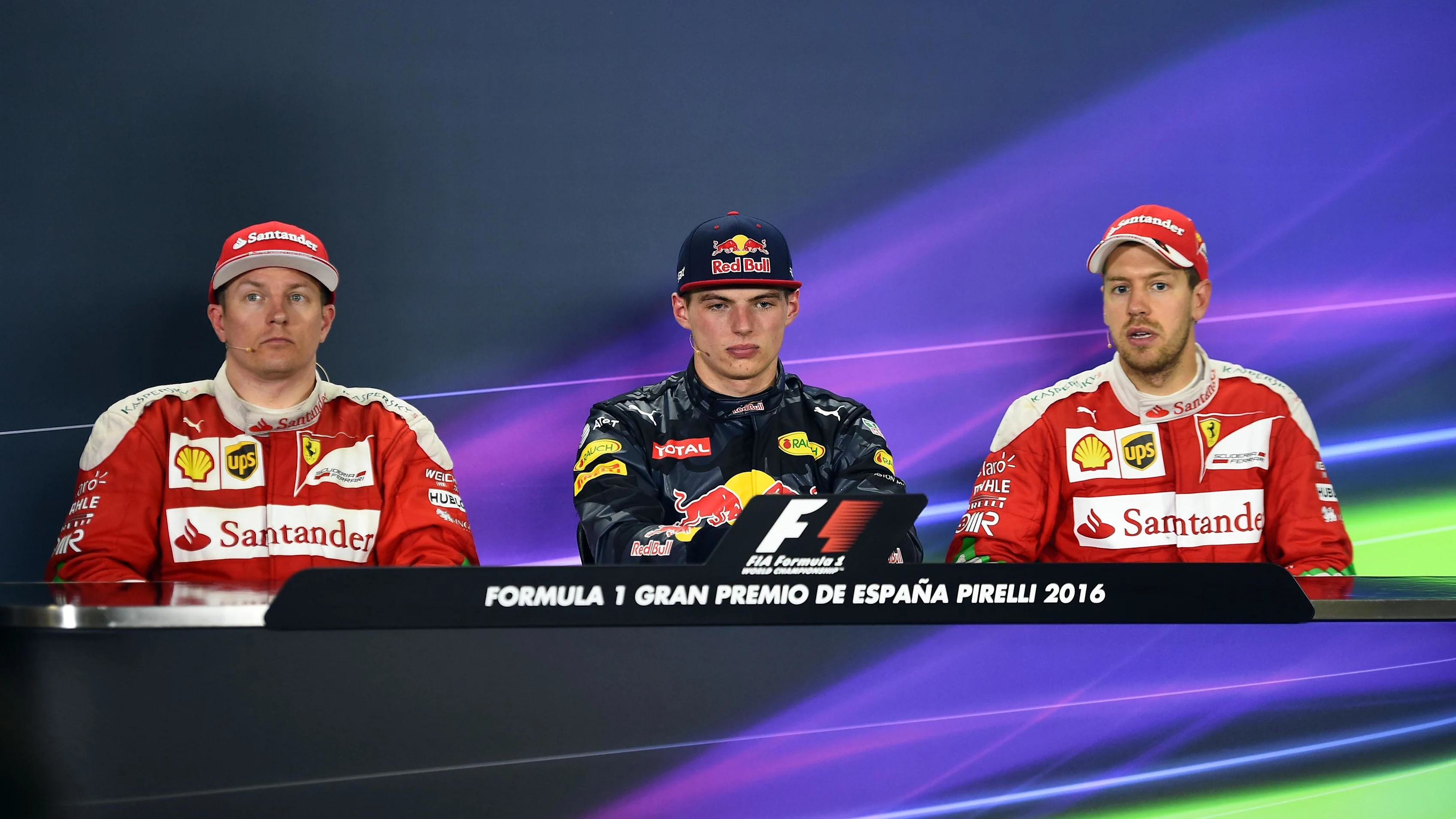 (L to R): Kimi Raikkonen (FIN) Ferrari, race winner Max Verstappen (NED) Red Bull Racing and Sebastian Vettel (GER) Ferrari in the Press Conference at Formula One World Championship, Rd5, Spanish Grand Prix, Race, Barcelona, Spain, Sunday 15 May 2016. © Sutton Images