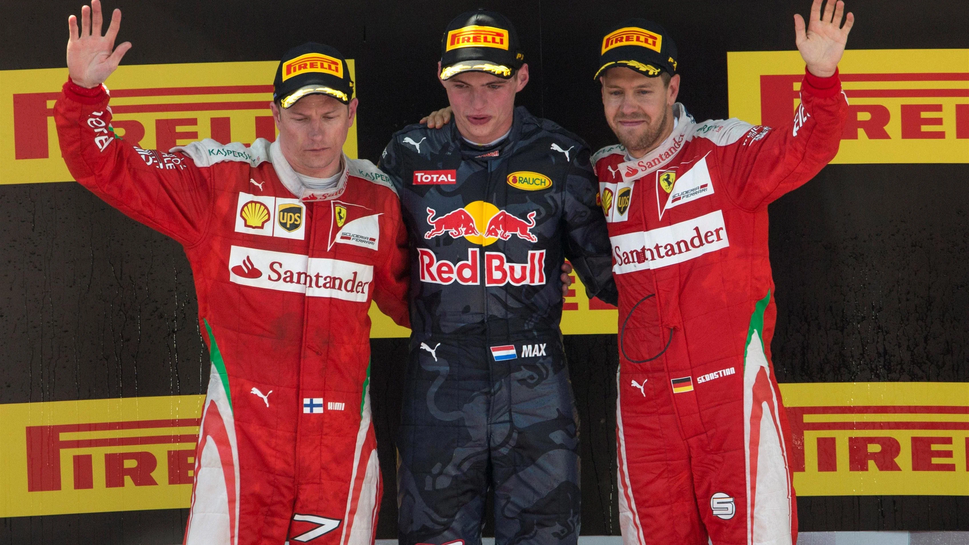 Kimi Raikkonen (FIN) Ferrari, race winner Max Verstappen (NED) Red Bull Racing and Sebastian Vettel