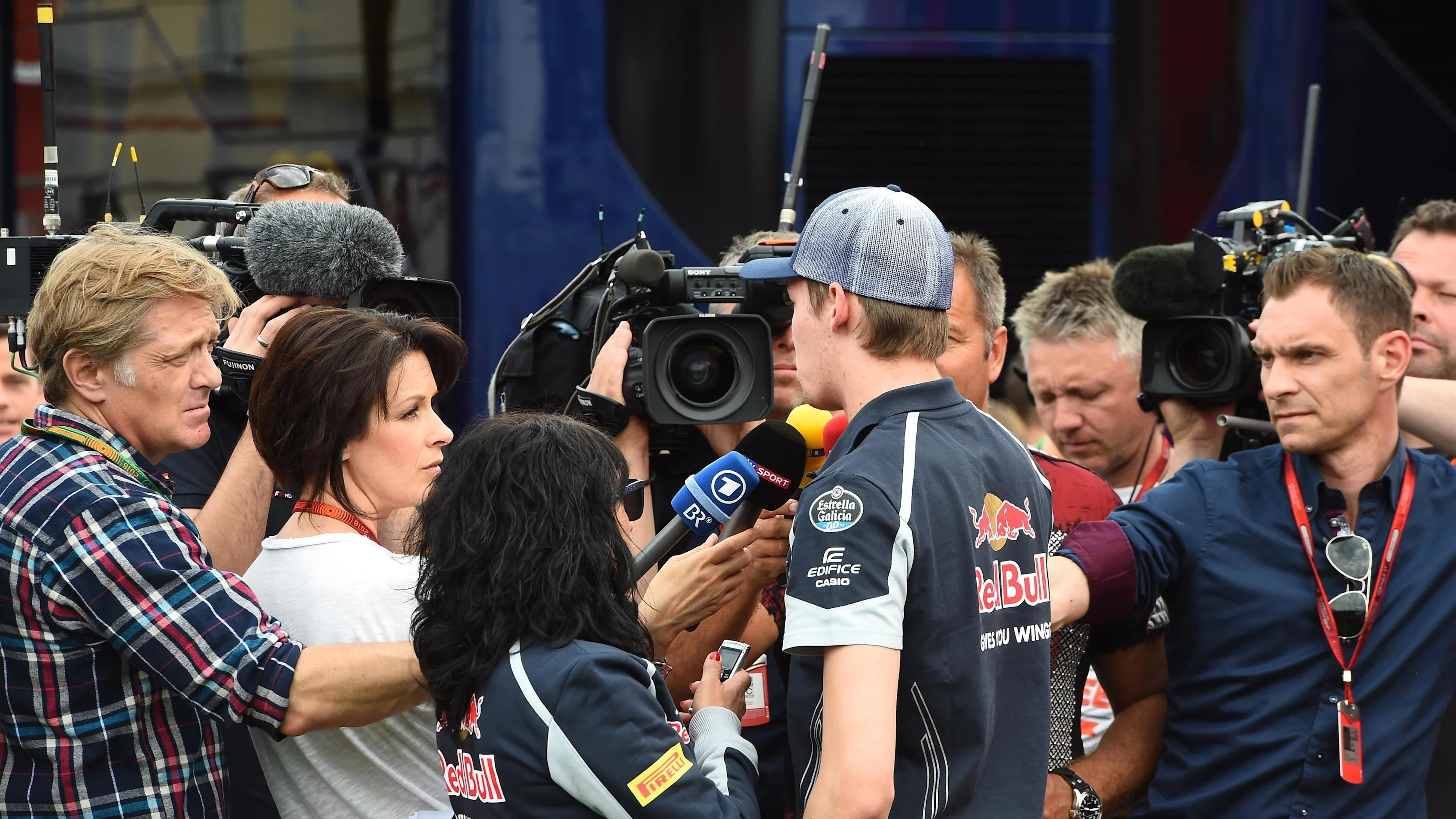 Daniil Kvyat (RUS) Scuderia Toro Rosso talks with the media at Formula One World Championship, Rd5,