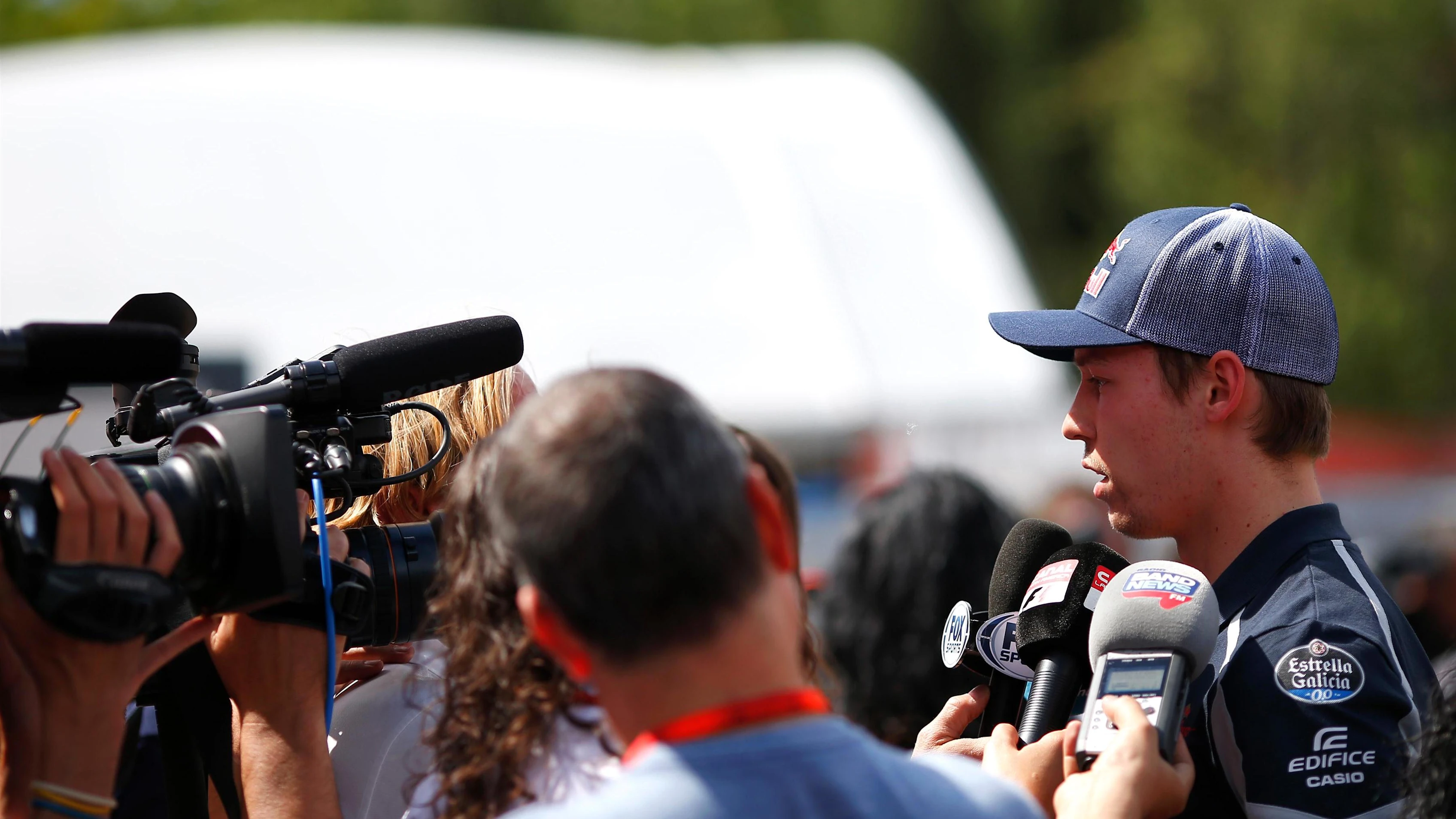 Daniil Kvyat (RUS) Scuderia Toro Rosso talks with the media at Formula One World Championship, Rd5,