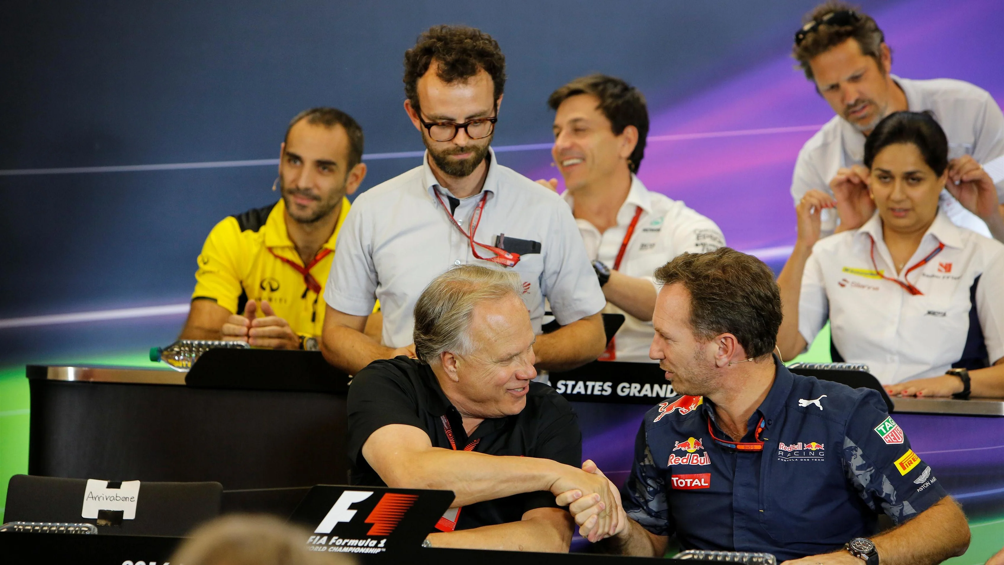 (L to R): Cyril Abiteboul (FRA) Renault Sport F1 Managing Director, Toto Wolff (AUT) Mercedes AMG F1 Director of Motorsport, Monisha Kaltenborn (AUT) Sauber Team Prinicpal, Maurizio Arrivabene (ITA) Ferrari Team Principal, Gene Haas (USA) Founder and Chairman, Haas F1 Team and Christian Horner (GBR) Red Bull Racing Team Principal in the Press Conference at Formula One World Championship, Rd18, United States Grand Prix, Practice, Circuit of the Americas, Austin, Texas, USA, Friday 21 October 2016. © Sutto...