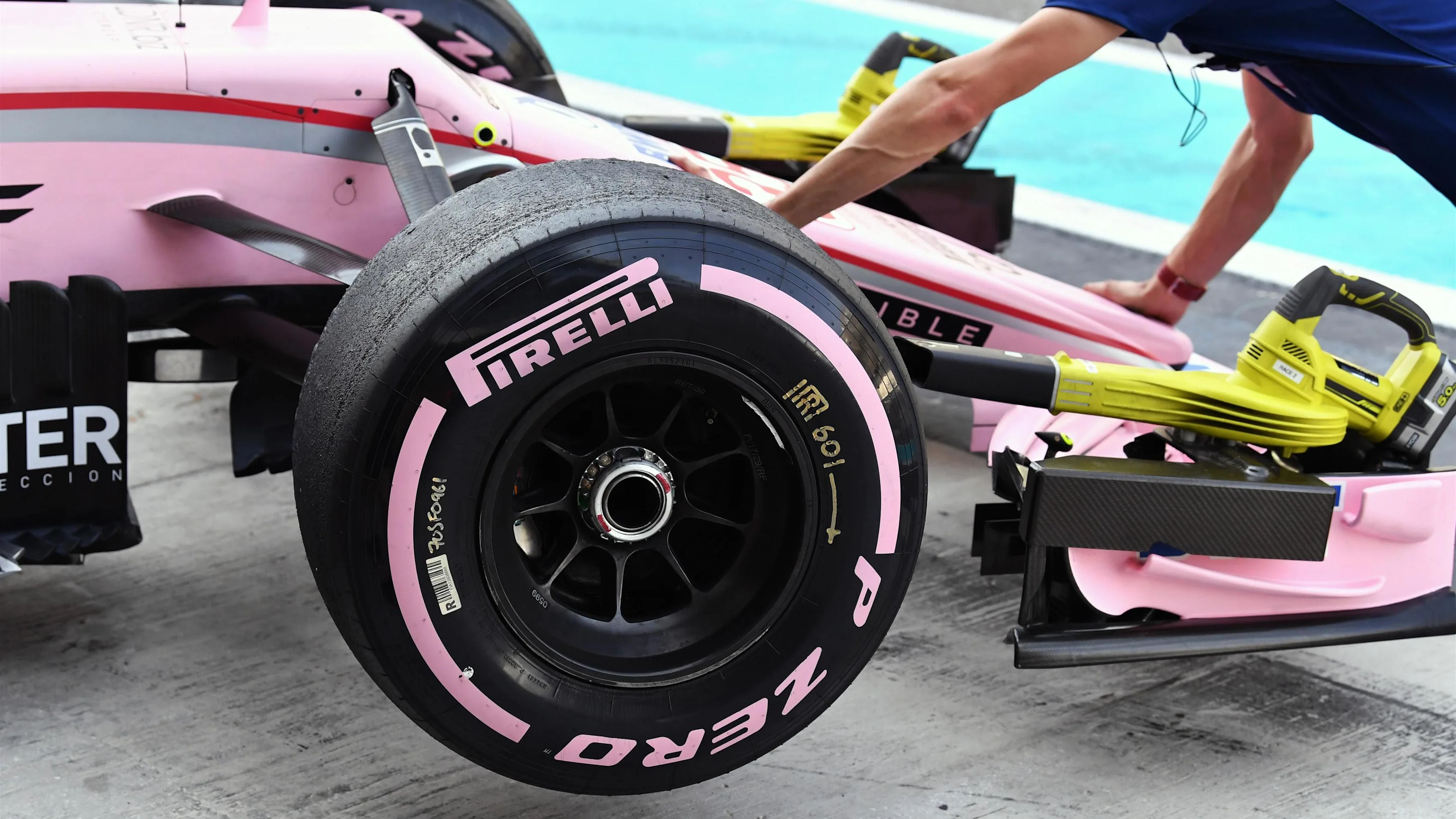Hypersoft 2018 Pirelli tyre detail of Nikita Mazepin (RUS) Force India VJM10 at Formula One