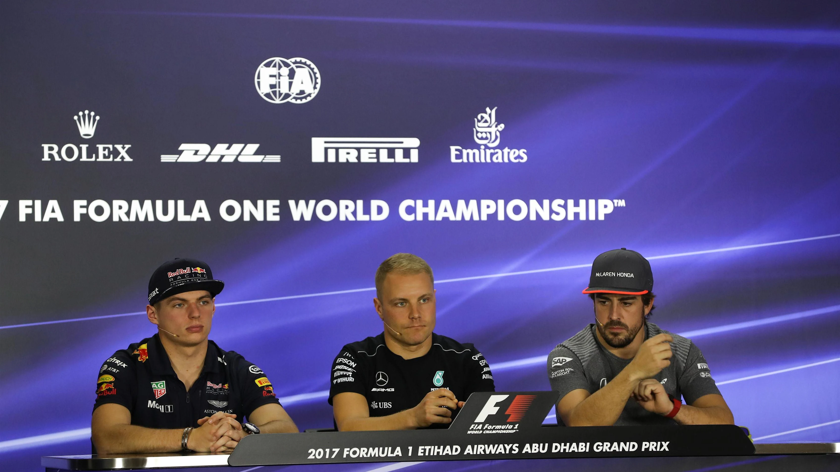 Max Verstappen (NED) Red Bull Racing, Valtteri Bottas (FIN) Mercedes AMG F1 and Fernando Alonso (ESP) McLaren in the Press Conference at Formula One World Championship, Rd20, Abu Dhabi Grand Prix, Preparations, Yas Marina Circuit, Abu Dhabi, UAE, Thursday