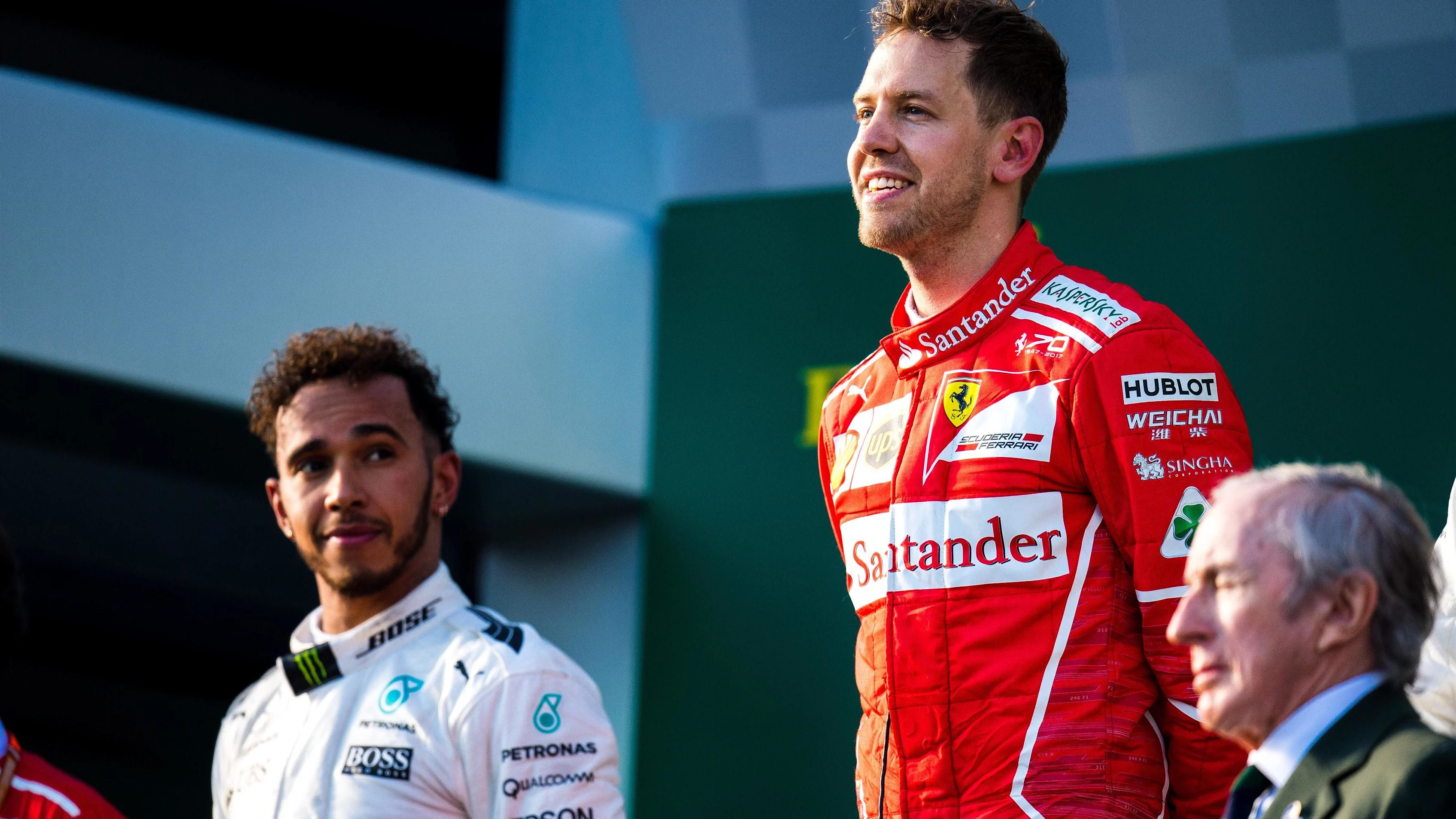 Lewis Hamilton (GBR) Mercedes AMG F1 and Sebastian Vettel (GER) Ferrari on the podium at Formula One World Championship, Rd1, Australian Grand Prix, Race, Albert Park, Melbourne, Australia, Sunday 26 March 2017. © Sutton Motorsport Images