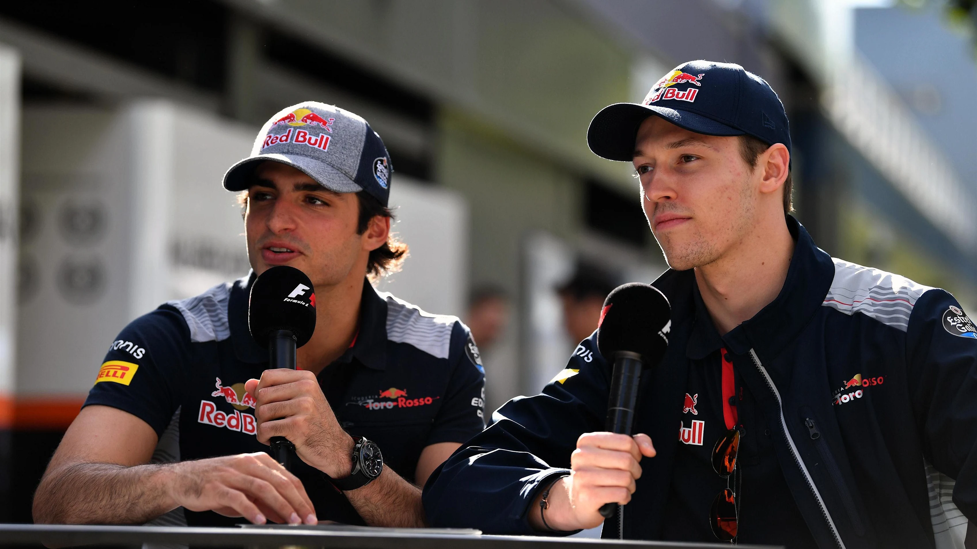 Carlos Sainz jr (ESP) Scuderia Toro Rosso and Daniil Kvyat (RUS) Scuderia Toro Rosso at Formula One