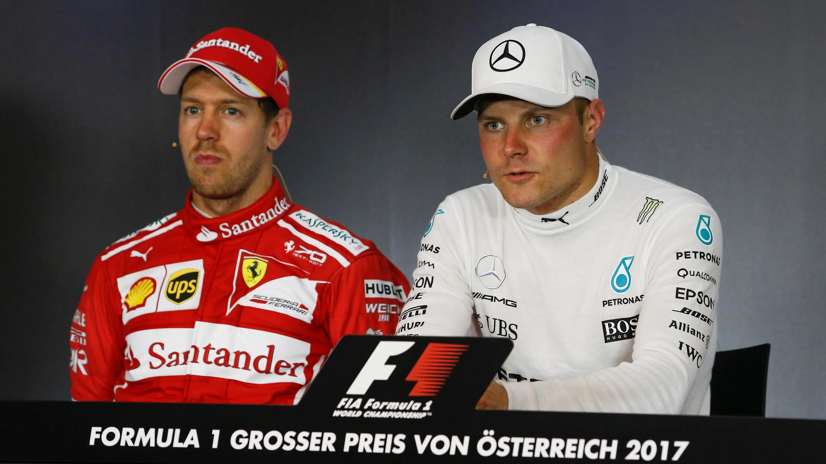 Sebastian Vettel (GER) Ferrari and Valtteri Bottas (FIN) Mercedes AMG F1 in the Press Conference at Formula One World Championship, Rd9, Austrian Grand Prix, Race, Spielberg, Austria, Sunday 9 July 2017. © Sutton Images
