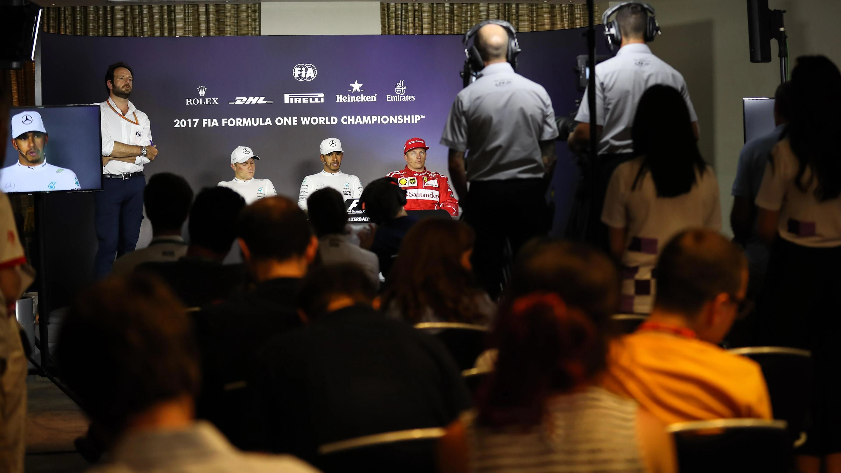 Valtteri Bottas (FIN) Mercedes AMG F1, Lewis Hamilton (GBR) Mercedes AMG F1 and Kimi Raikkonen (FIN) Ferrari in the Press Conference at Formula One World Championship, Rd8, Azerbaijan Grand Prix, Qualifying, Baku City Circuit, Baku, Azerbaijan, Saturday 24 June 2017. © Sutton Images