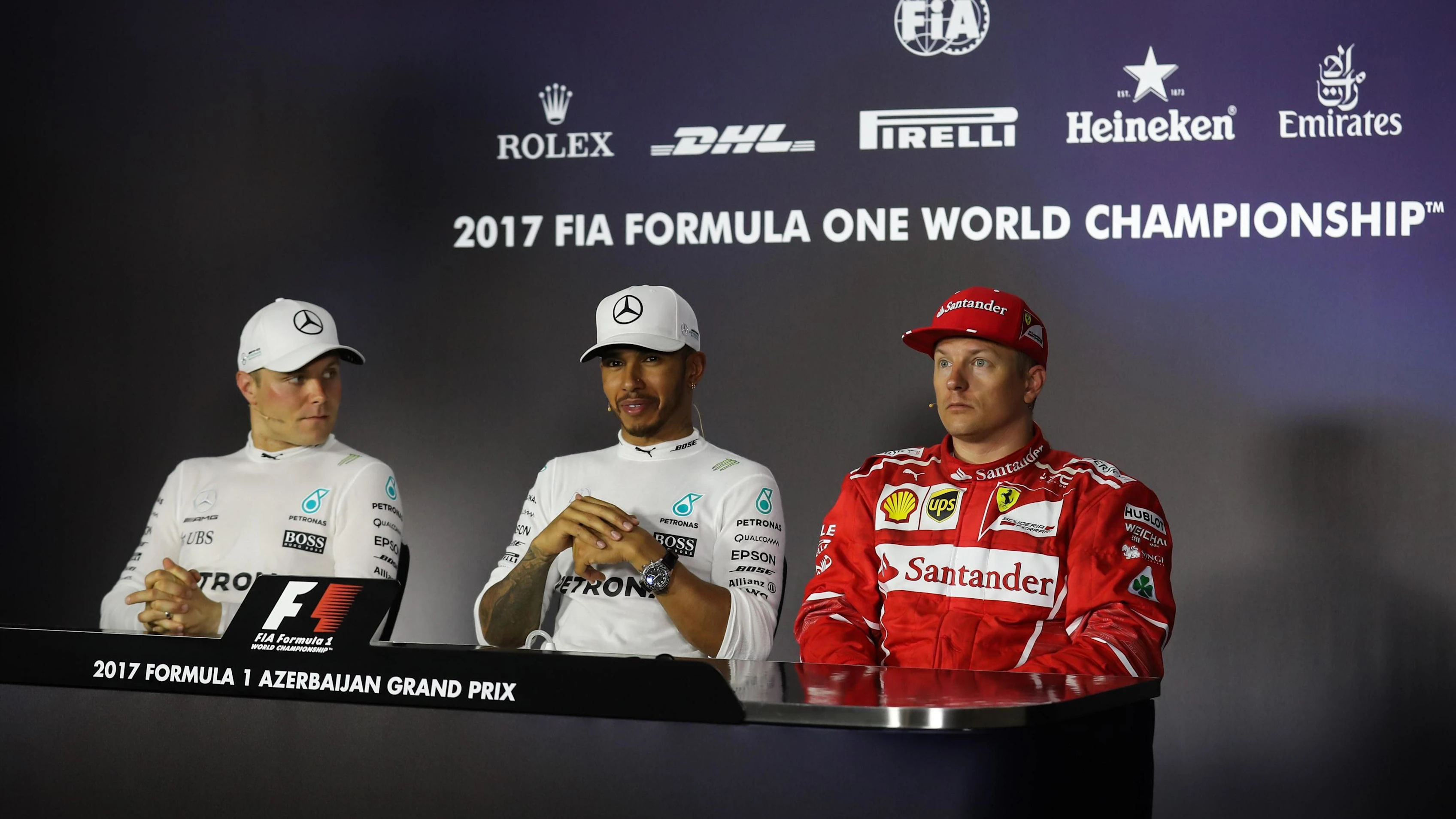 Valtteri Bottas (FIN) Mercedes AMG F1, Lewis Hamilton (GBR) Mercedes AMG F1 and Kimi Raikkonen