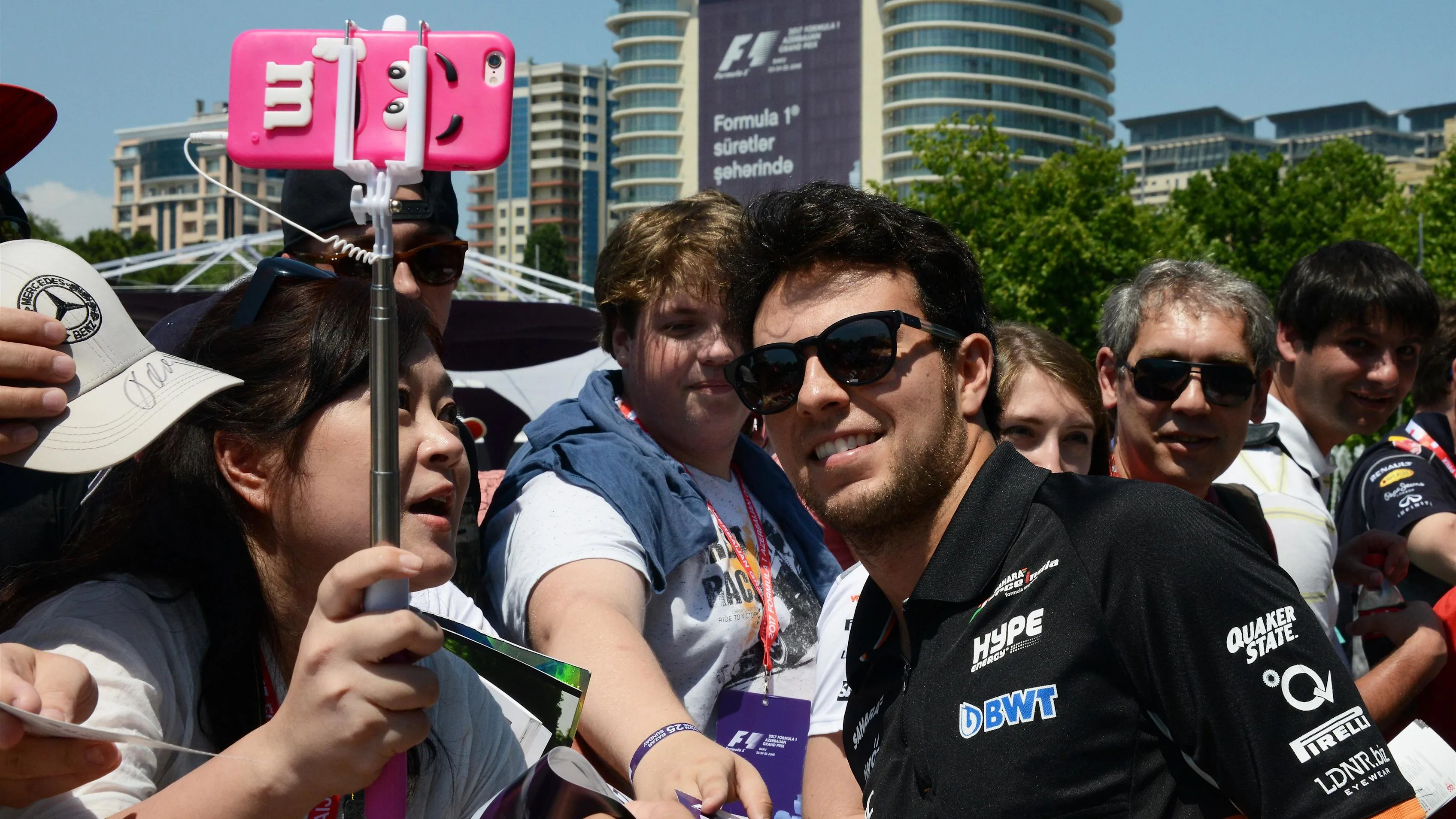 Sergio Perez (MEX) Force India fans selfie at Formula One World Championship, Rd8, Azerbaijan Grand Prix, Race, Baku City Circuit, Baku, Azerbaijan, Sunday 25 June 2017. © Sutton Images