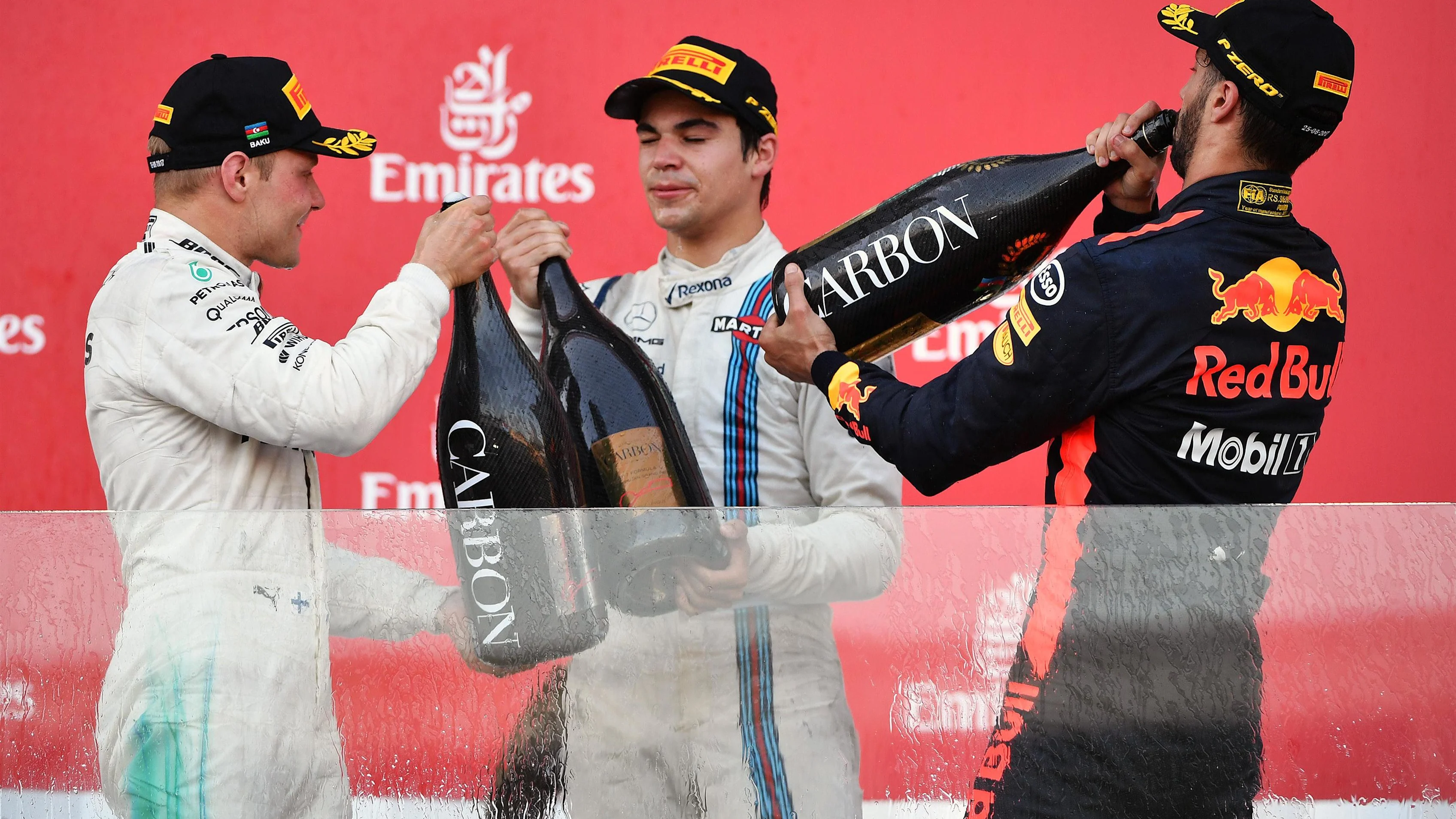 Valtteri Bottas (FIN) Mercedes AMG F1, Lance Stroll (CDN) Williams and Daniel Ricciardo (AUS) Red