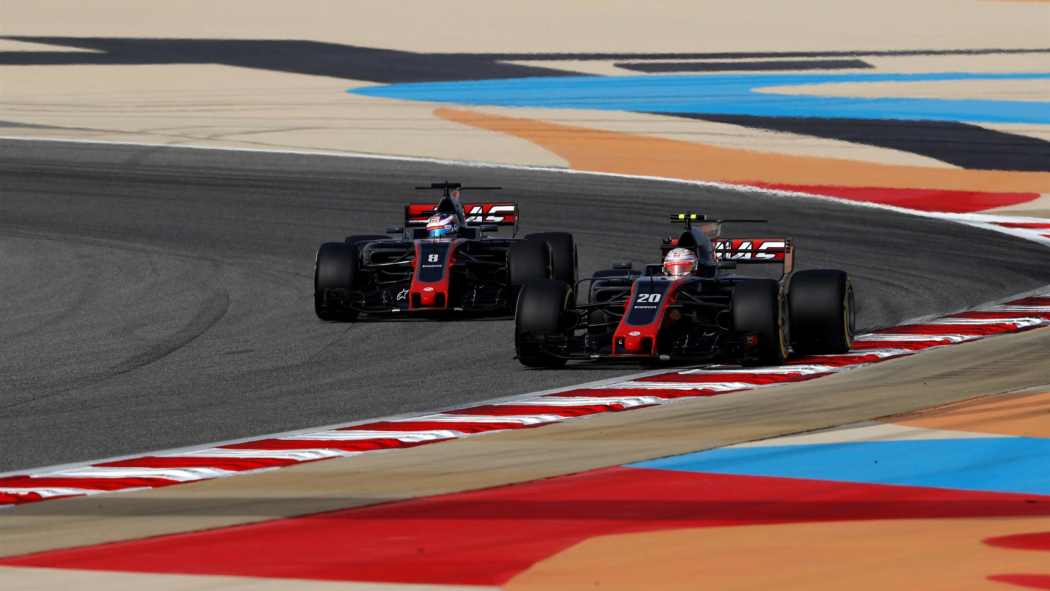 Kevin Magnussen (DEN) Haas VF-17 and Romain Grosjean (FRA) Haas VF-17 at Formula One World Championship, Rd3, Bahrain Grand Prix Qualifying, Bahrain International Circuit, Sakhir, Bahrain, Saturday 15 April 2017. © Sutton Motorsport Images